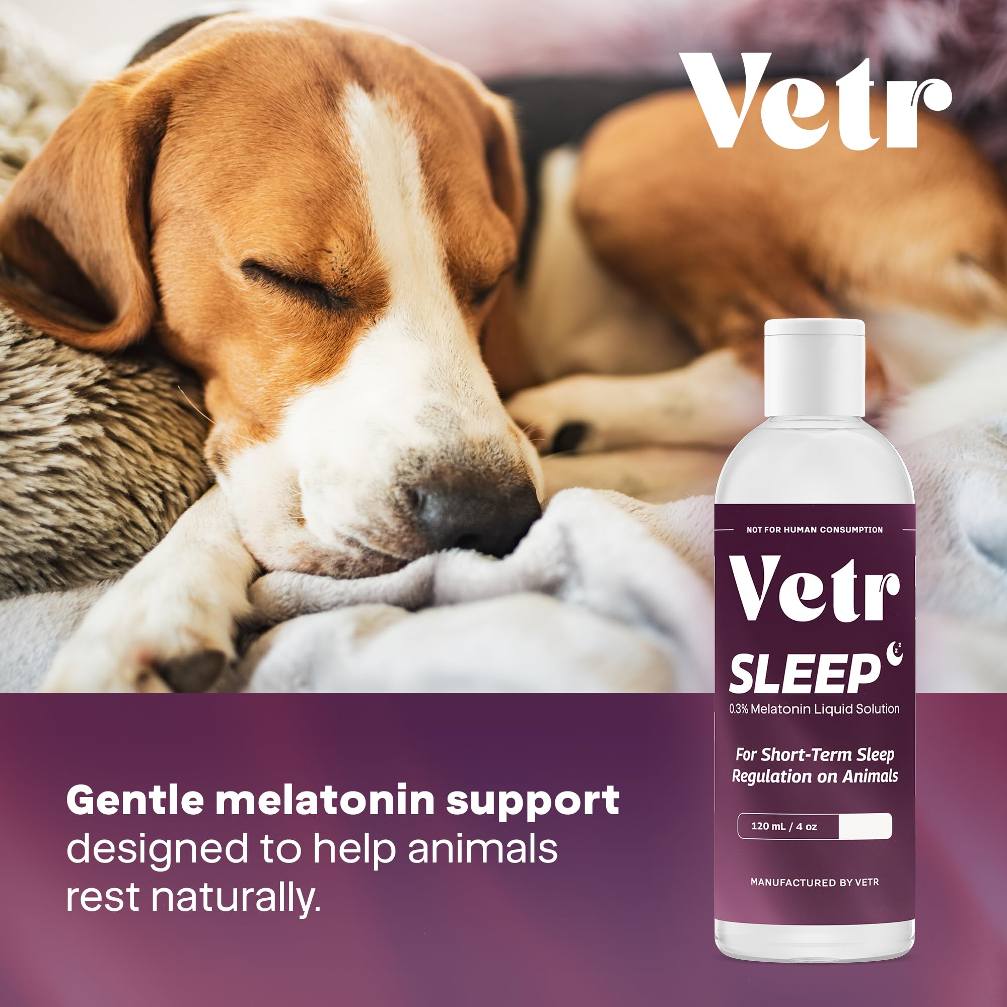 Etiqueta con dosis de VETR Melatonina para uso seguro.
