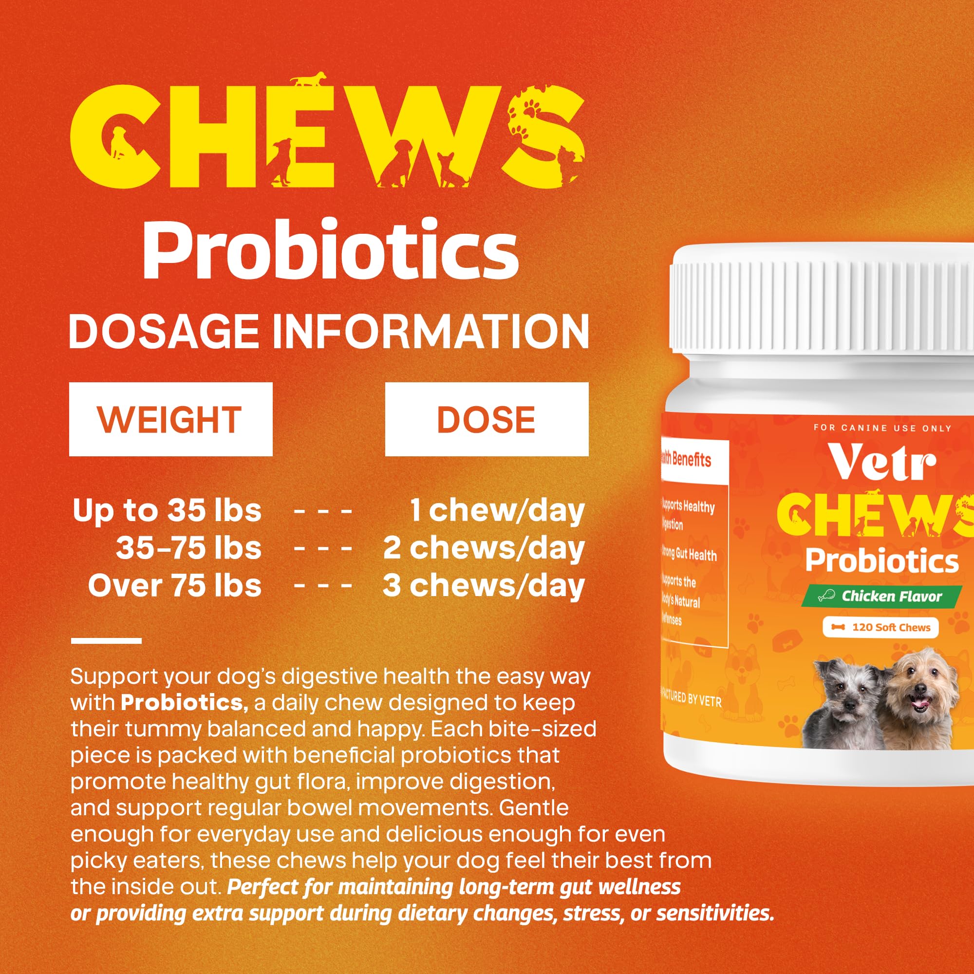 Vetr Probiotic Chews, etiqueta clara para una compra informada.