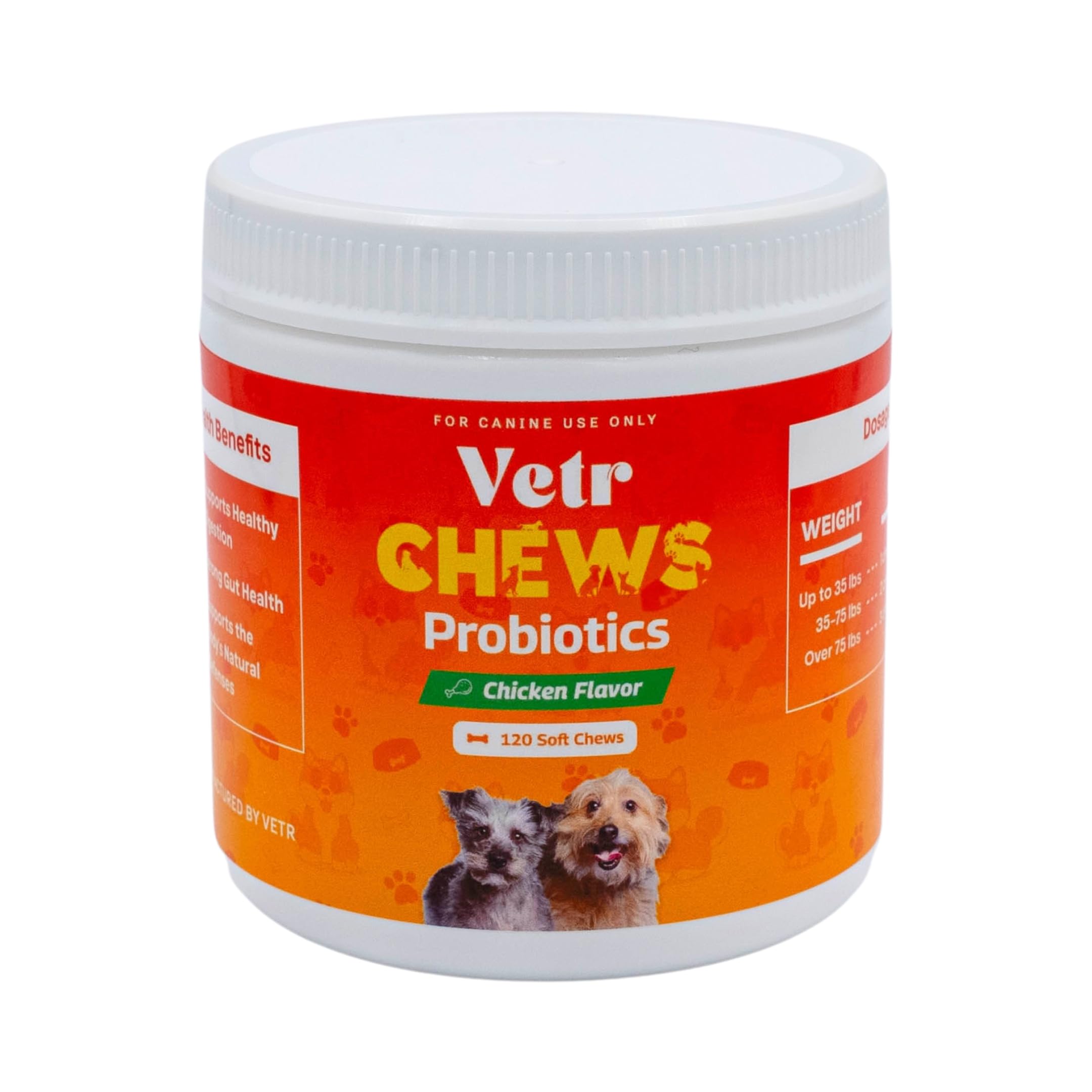Vetr Probiotic Chews para perro, empaque visible, opción conveniente para la digestión diaria.
