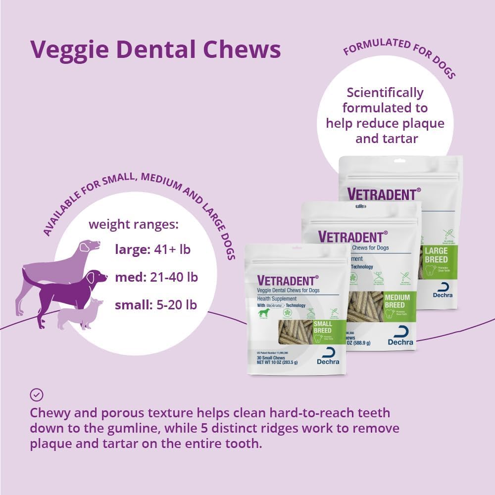 Vetradent Veggie Dental Chews crestas dentales limpian toda la pieza dental.