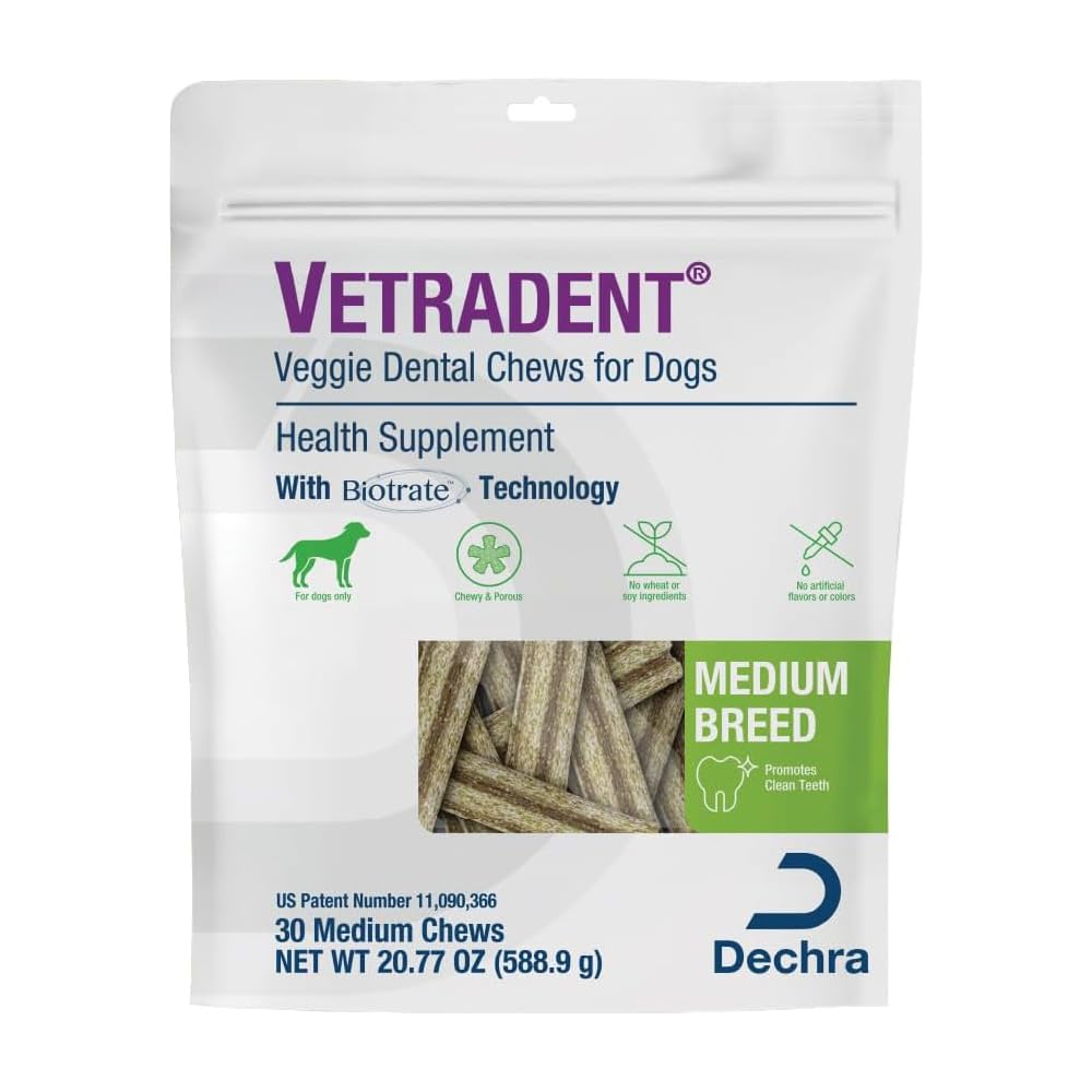 Vetradent Veggie Dental Chews en empaque para perros medianos, promueven limpieza dental.