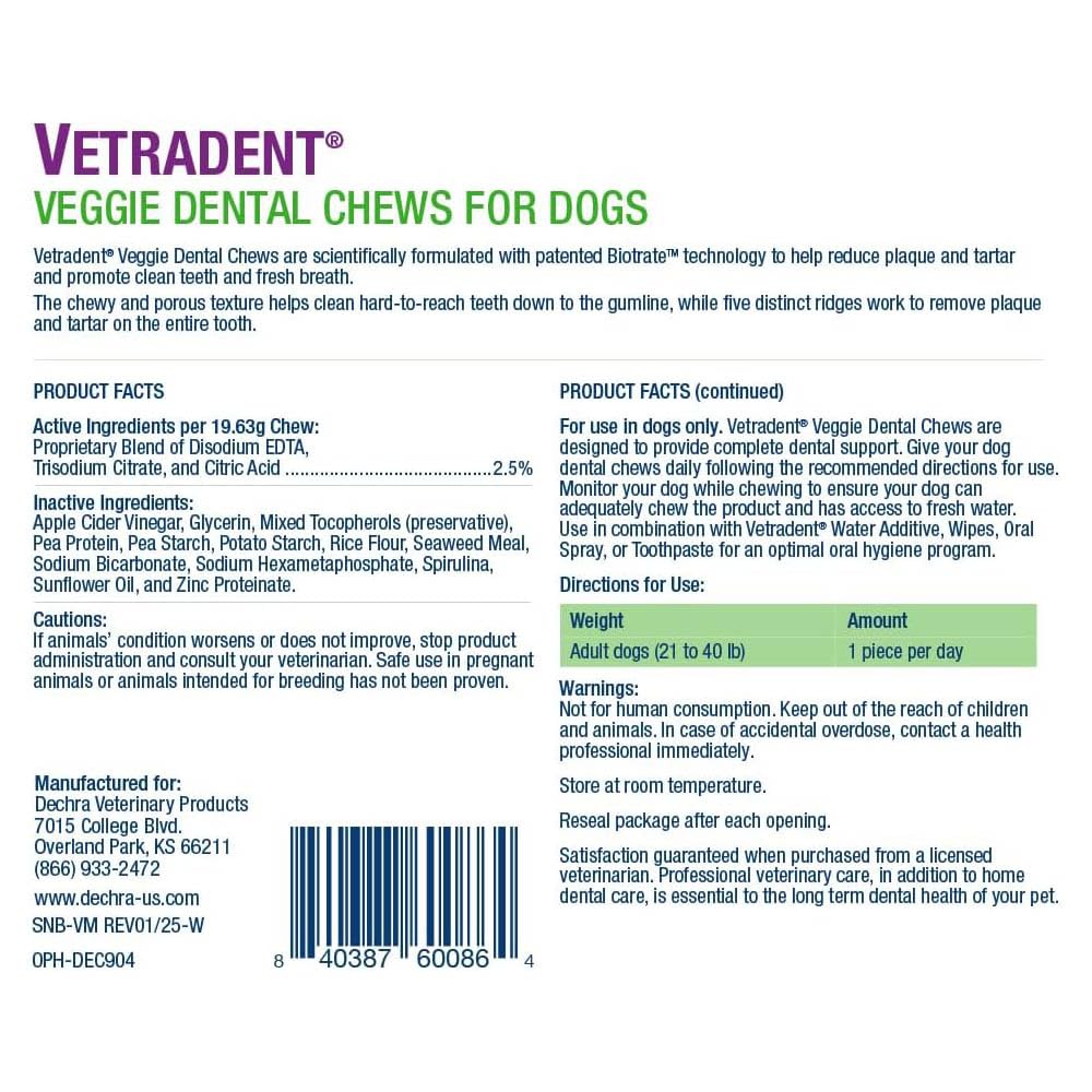 Vetradent Veggie Dental Chews textura masticable ayuda a limpiar dientes difíciles de alcanzar.