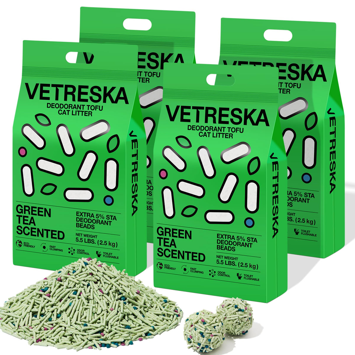 Litter de tofu VETRESKA en bolsas compactas para almacenamiento y uso cómodo
