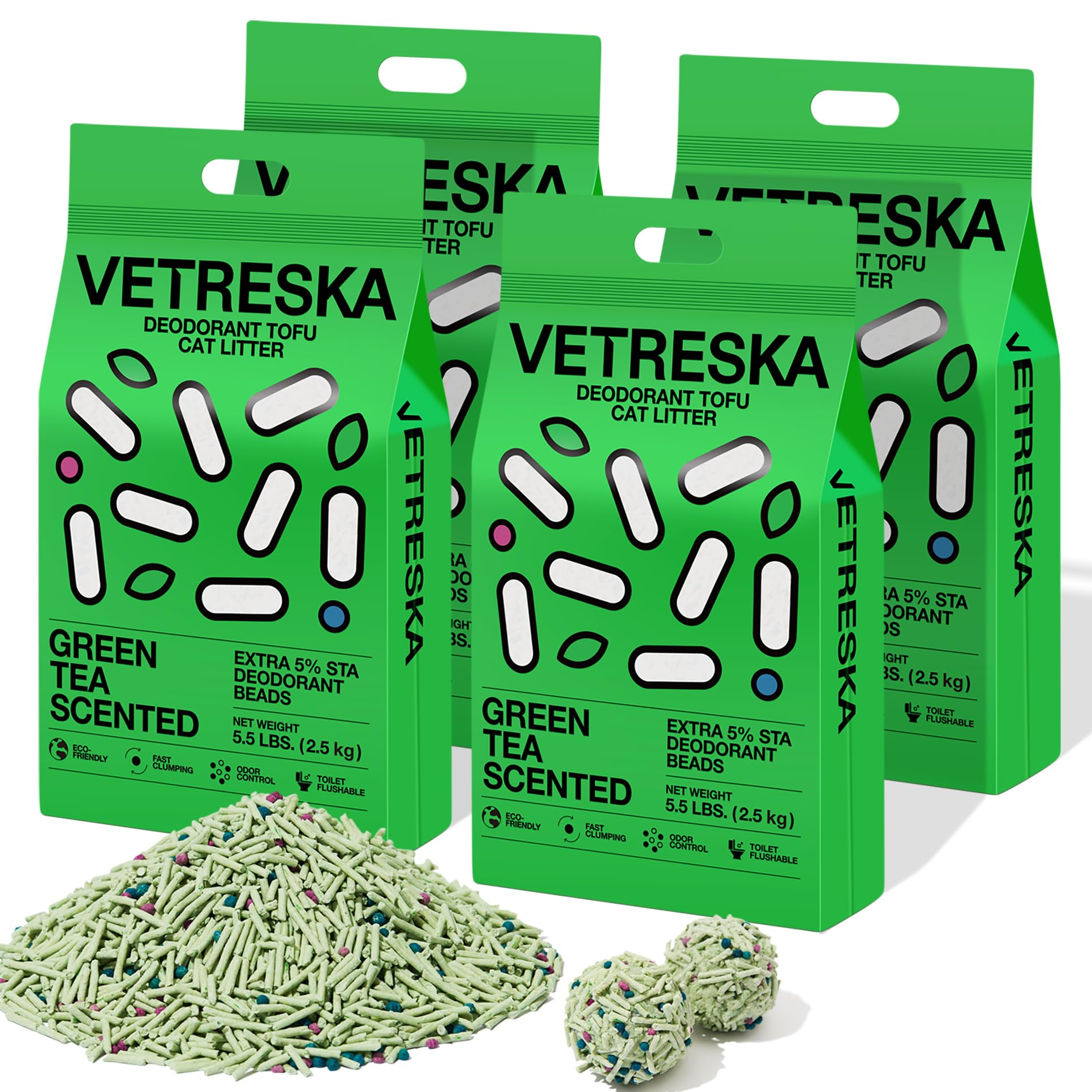 Conjunto Greentea de 4 bolsas de VETRESKA tofu litter
