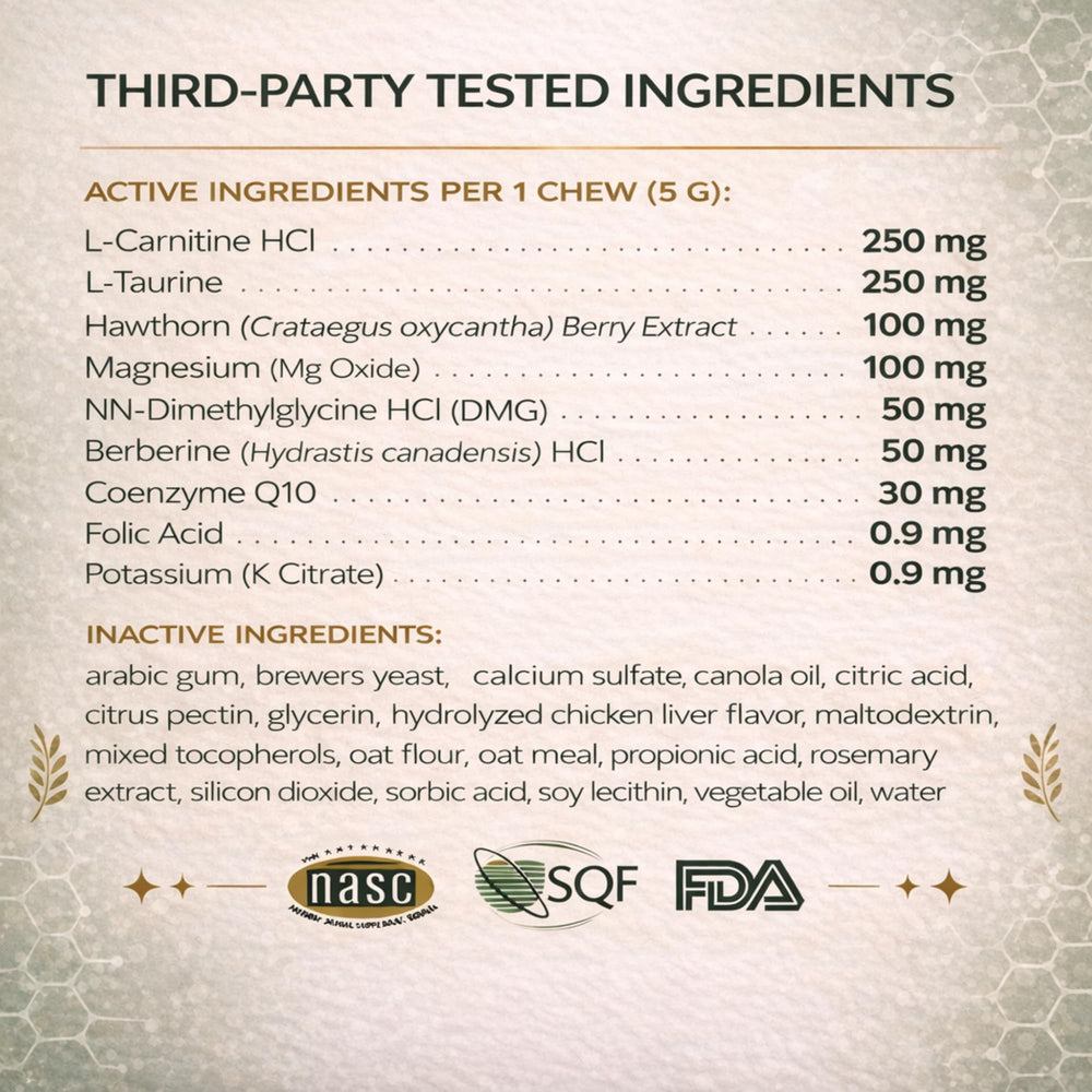 VetriScience Extra Strength Healthy Heart: taurina e ingredientes clave para el soporte cardíaco.