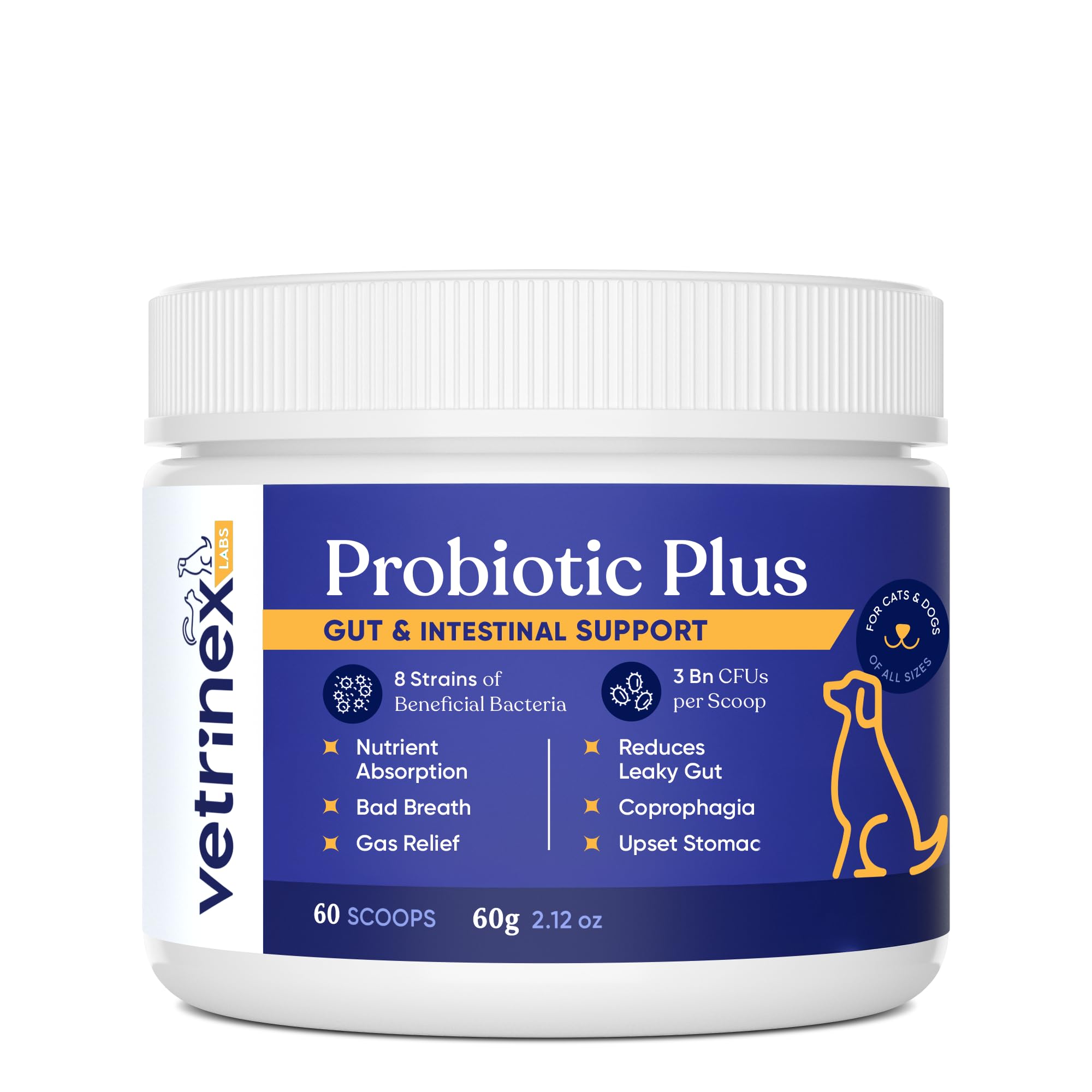 Producto Vetrinex Labs probiótico para coprofagia en perros, apoyo para la salud intestinal.