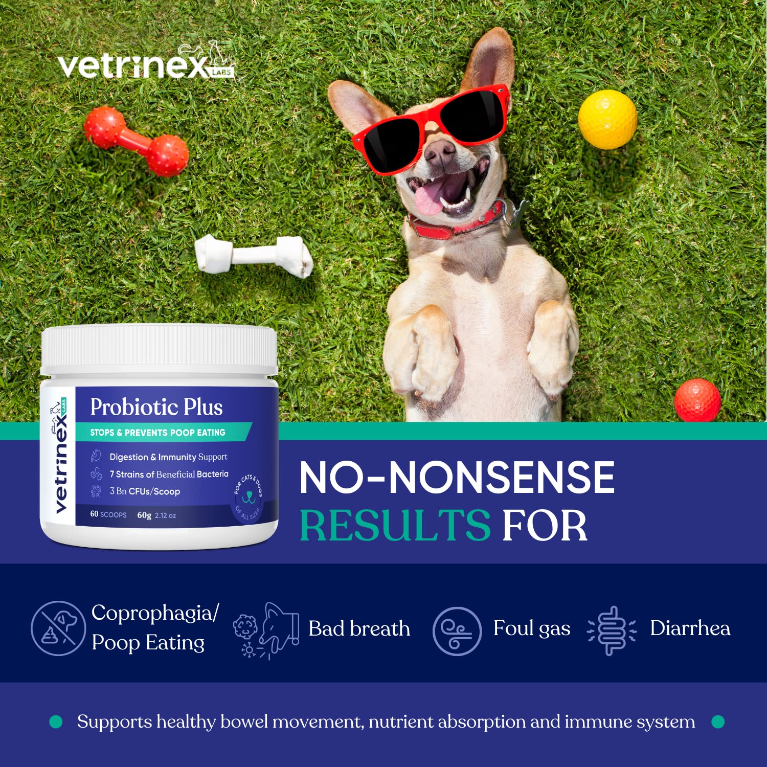 Frasco con UFC de Vetrinex Labs, tres mil millones de unidades para promover digestión.