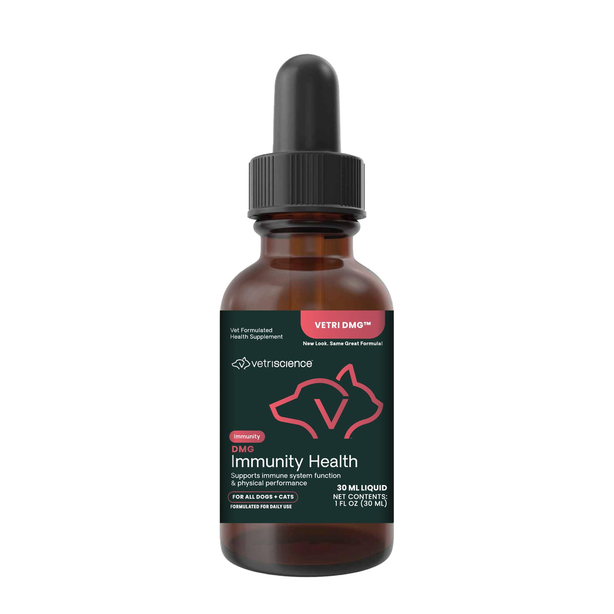 VetriScience DMG: botella con cuentagotas para apoyo inmunitario en mascotas.