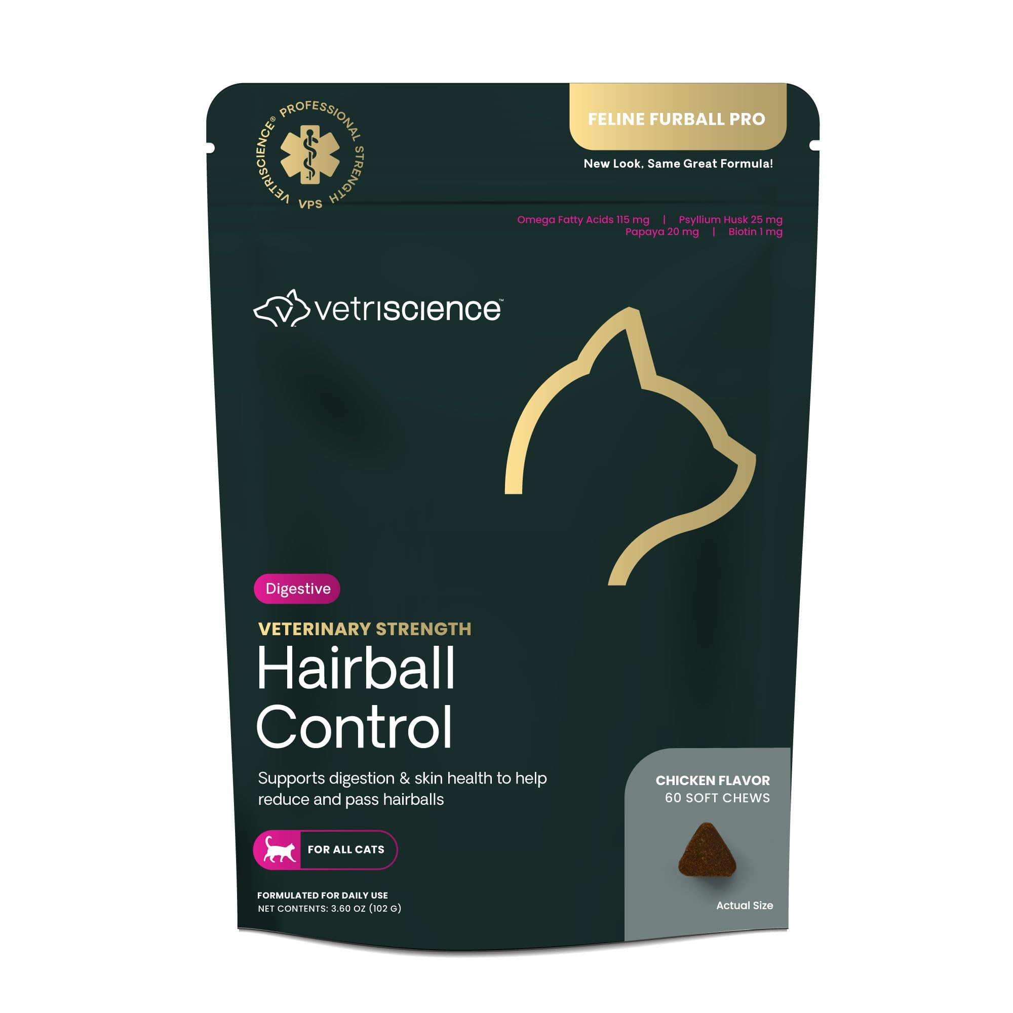 Envase VetriScience para control de bolas de pelo en gatos, práctico y compacto.