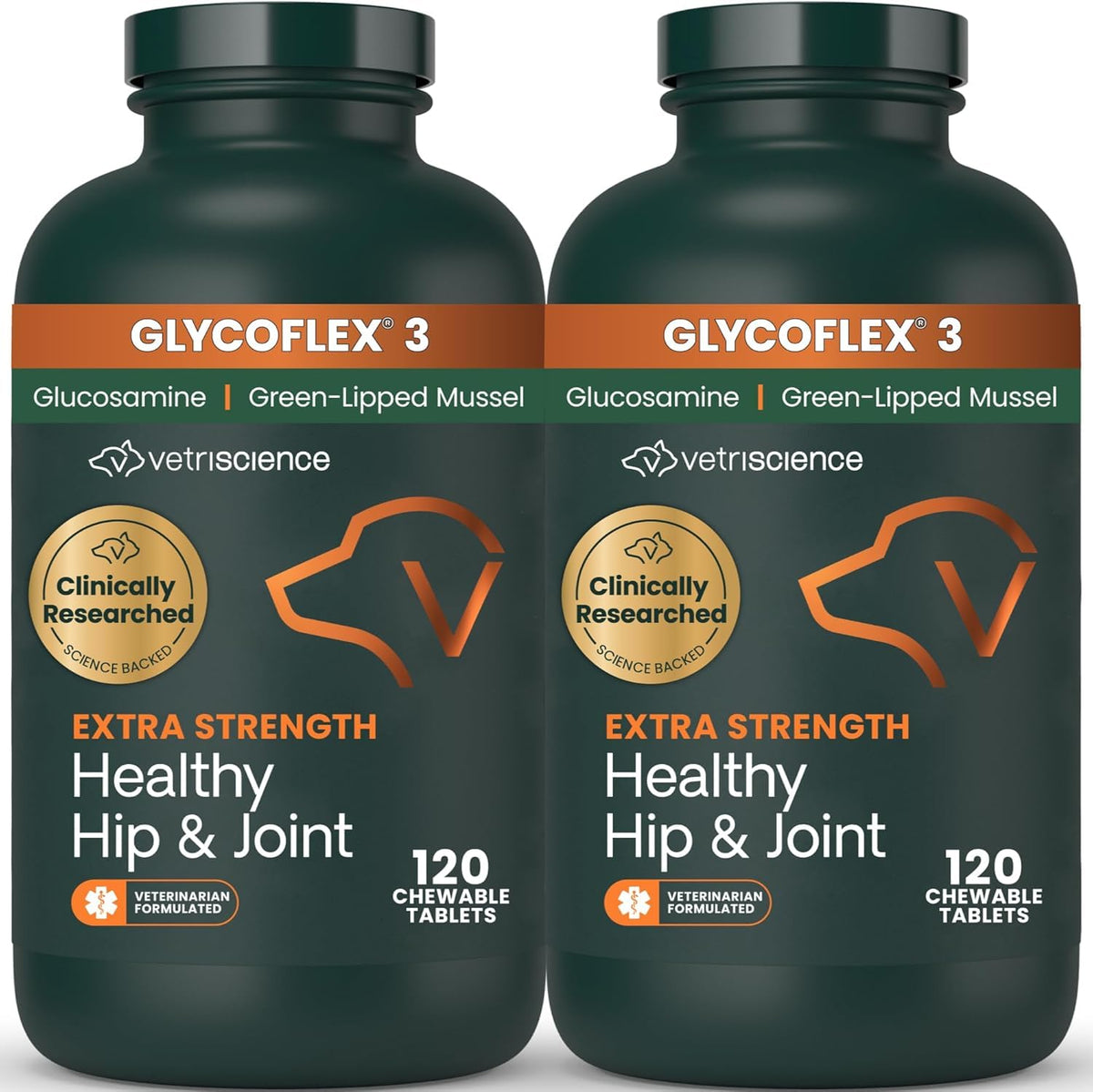 VetriScience GlycoFlex 3: frasco de tabletas para movilidad diaria del perro.