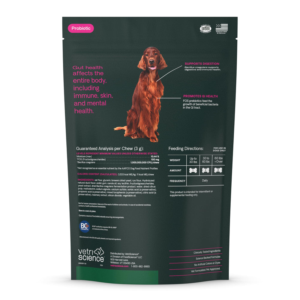VetriScience Gut Health Chews dosis diaria para apoyo digestivo constante.
