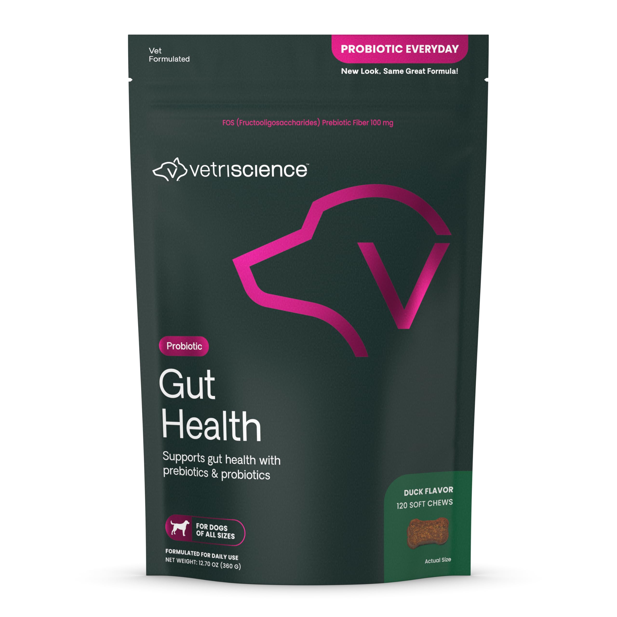 VetriScience Gut Health Chews sabor pato, apoyo digestivo y regularidad para perros.