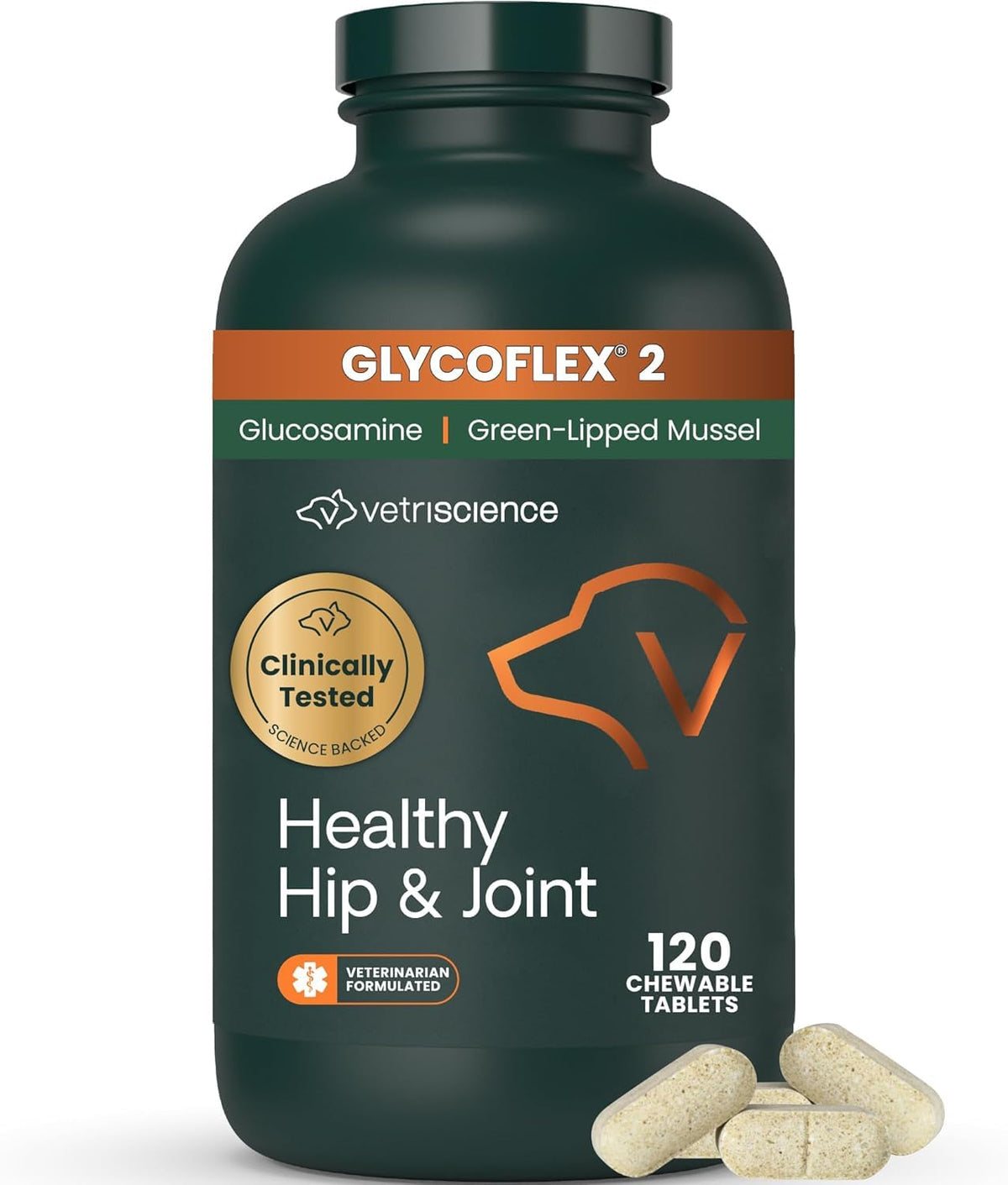 VetriScience Healthy Hip & Joint: tabletas para perros en envase, soporte diario de articulaciones.