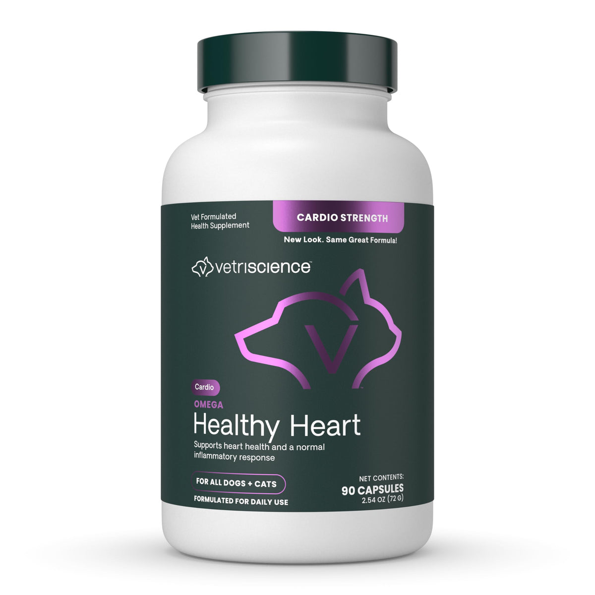 VetriScience Omega Healthy Heart capsulas apertura facil para soporte cardiaco diario en mascotas.