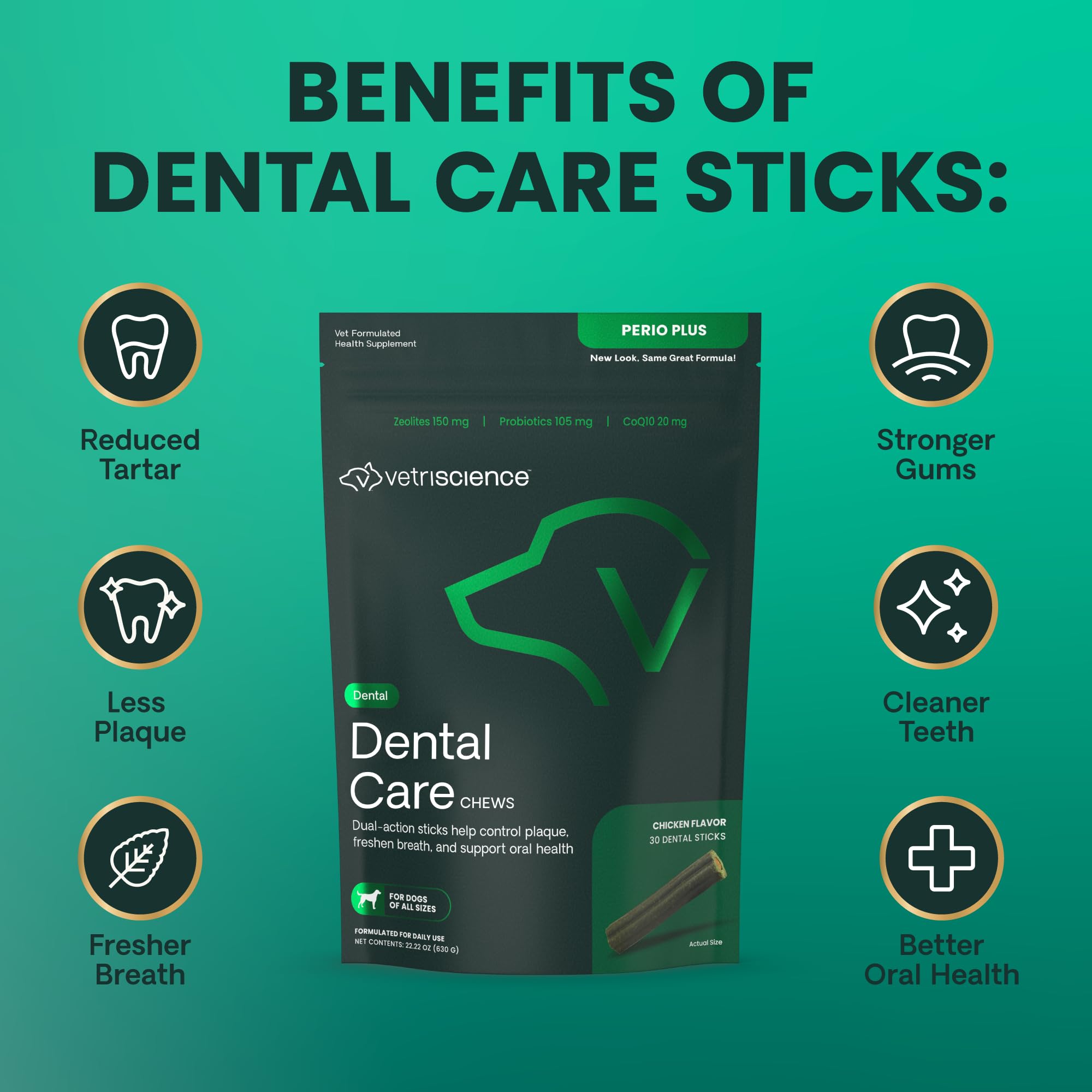 VetriScience Perio Plus Stix, centro suave para ingestión fácil.