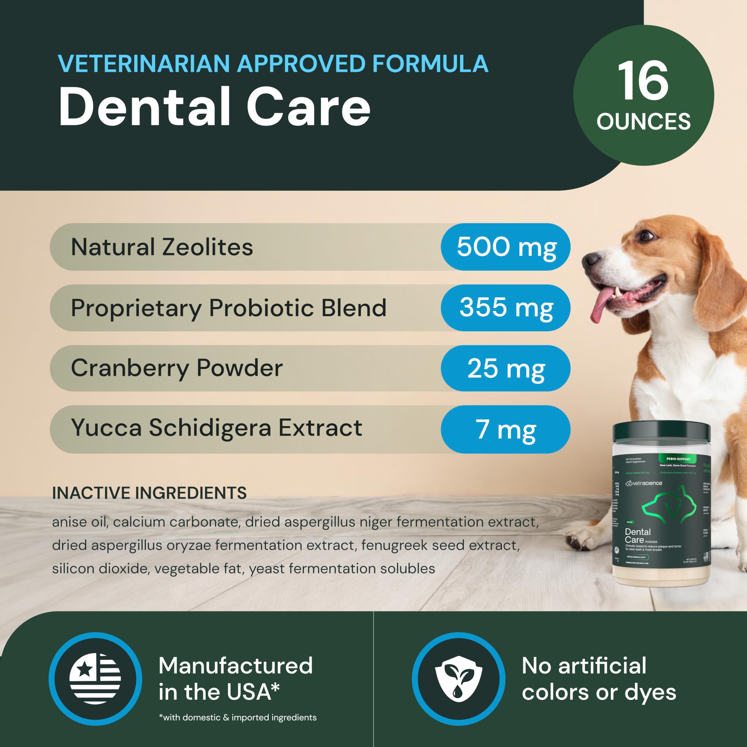 VETRISCIENCE polvo dental con cuchara de medición, dosis simples para el cuidado diario.