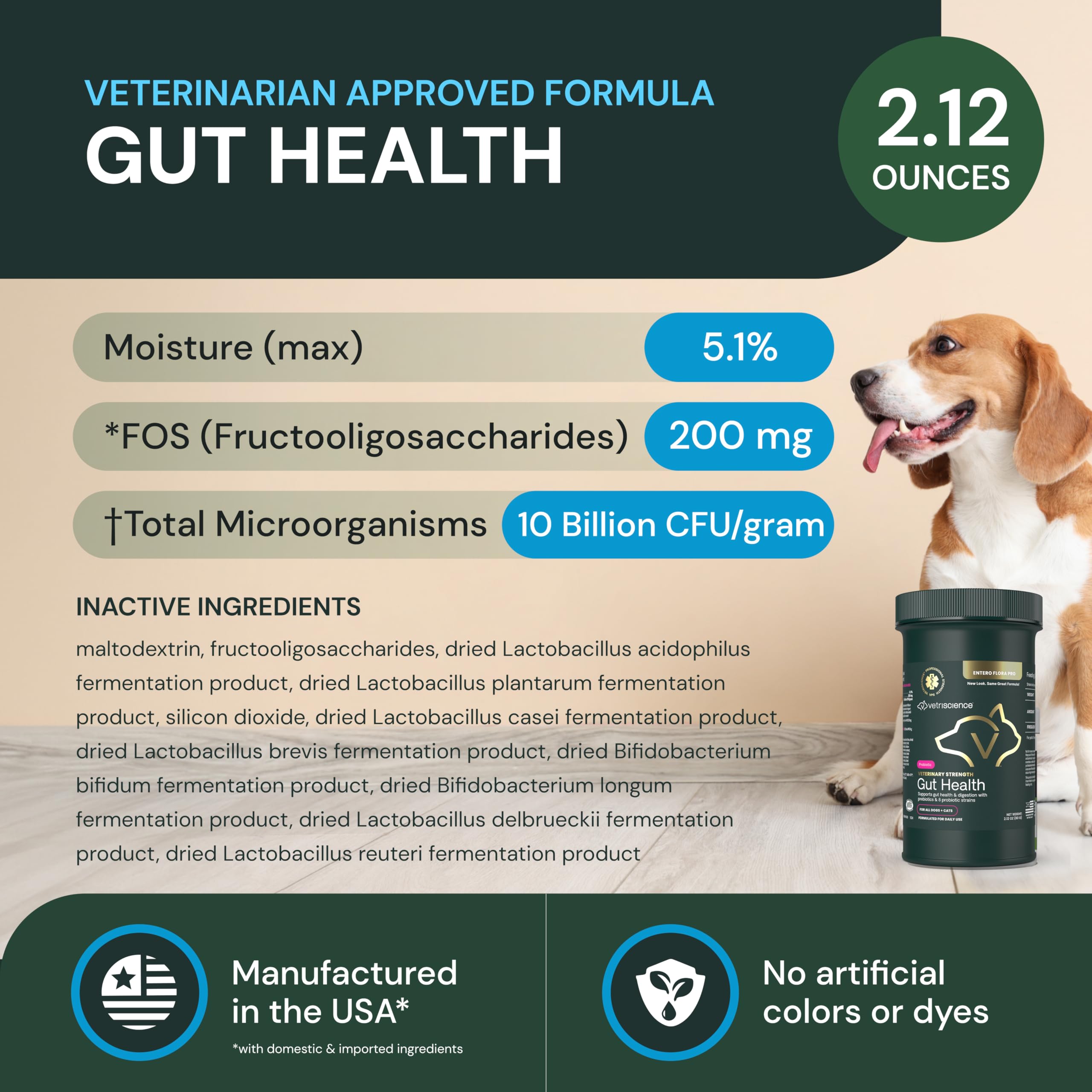 VetriScience polvo con FOS prebiótico para digestión y bienestar intestinal.