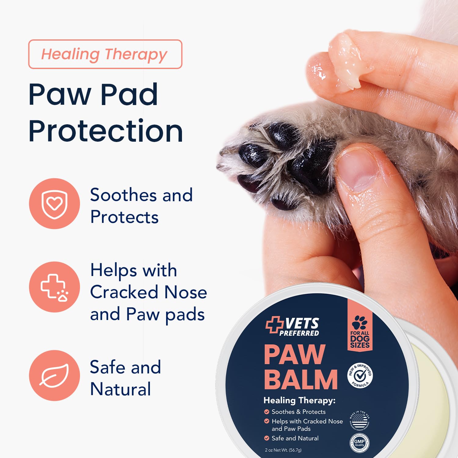 Patas e nariz hidratadas con bálsamo Vets Preferred para uso diario.
