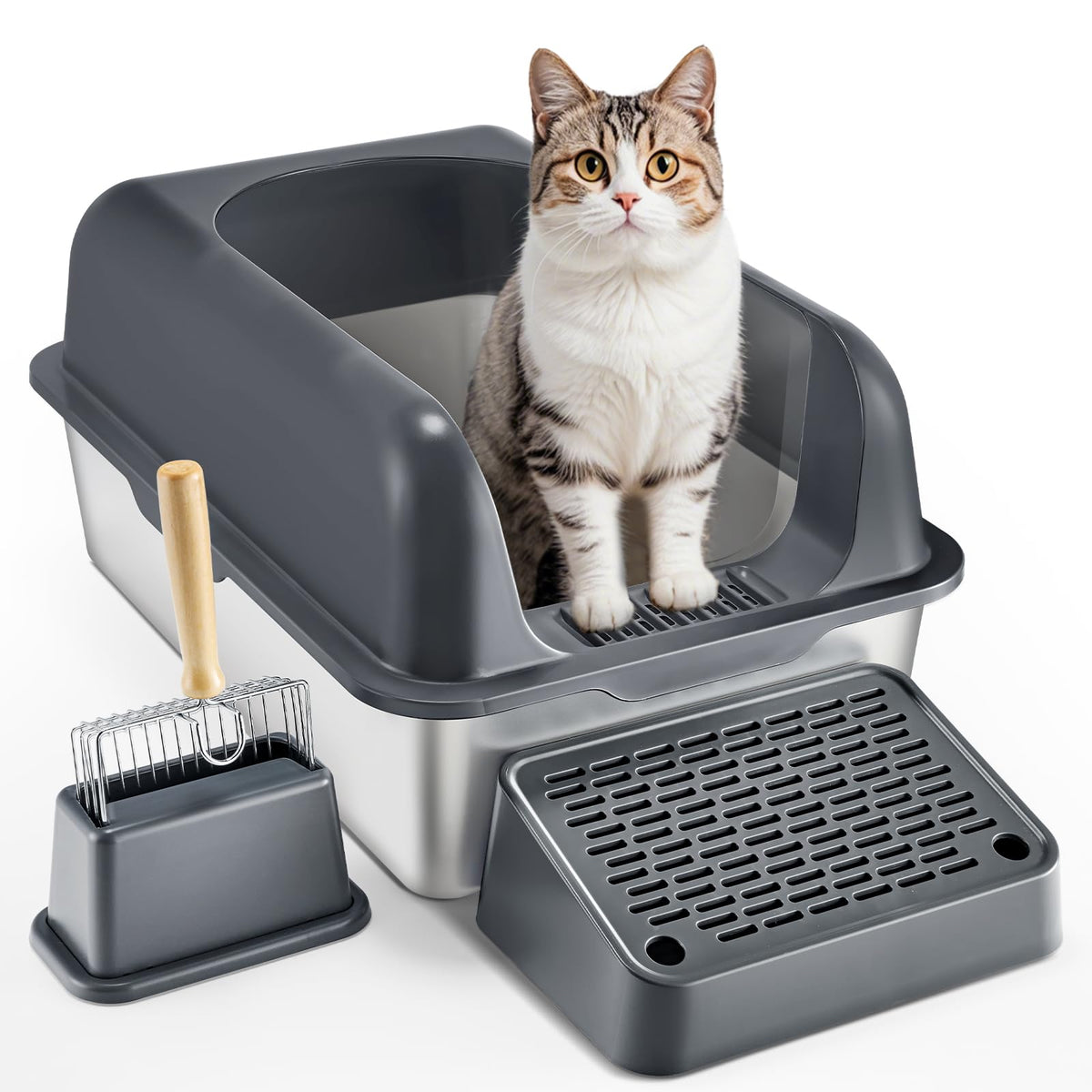Bandeja VEVOR para arena de gato de acero inoxidable con tapa, limpieza fácil