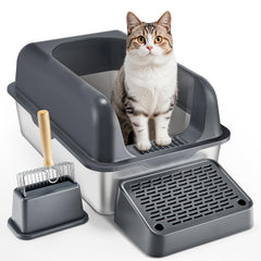 Bandeja VEVOR para arena de gato de acero inoxidable con tapa, limpieza fácil