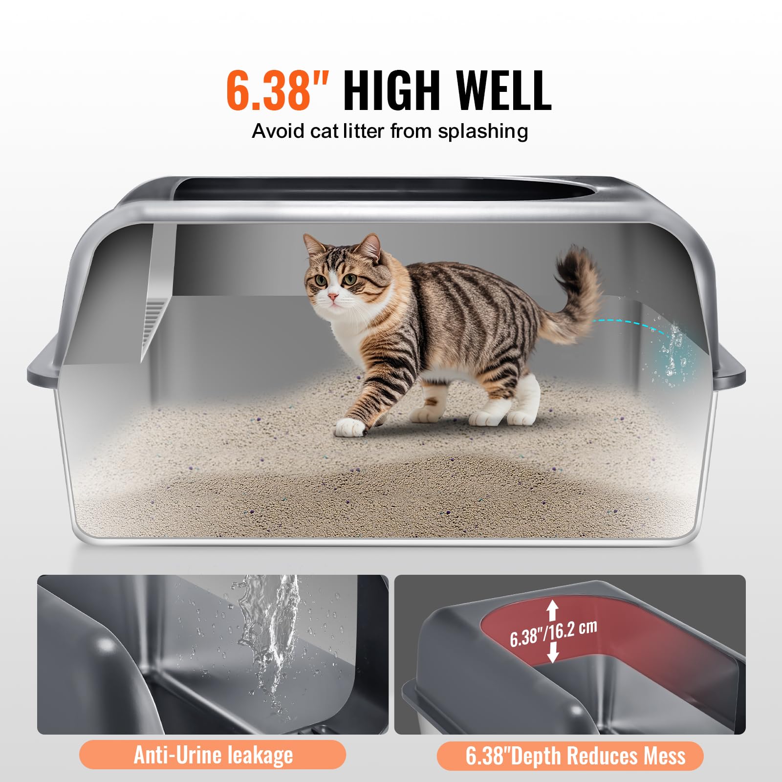 Caja de arena XL VEVOR de acero inoxidable, ideal para gatos grandes