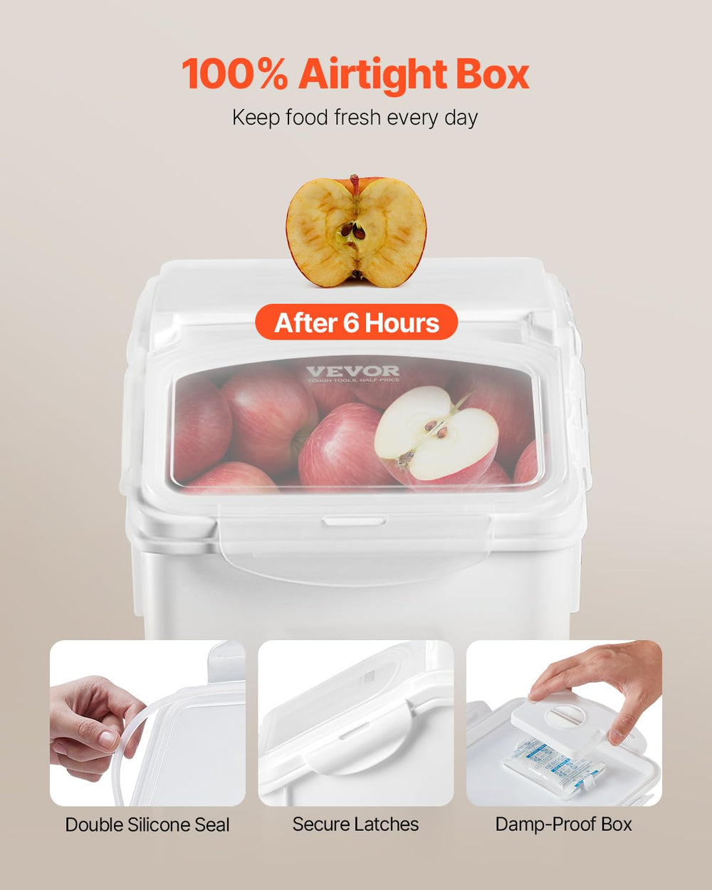 VEVOR contenedor arroz 20L, sello aire doble, ayuda a mantener la frescura y la humedad controlada.