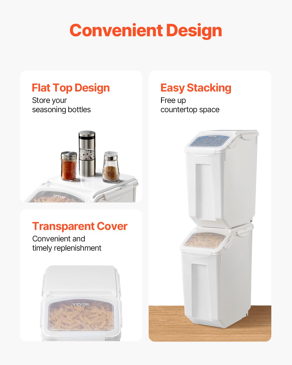VEVOR contenedor arroz 20L, superficie superior para condimentos, optimiza el espacio.