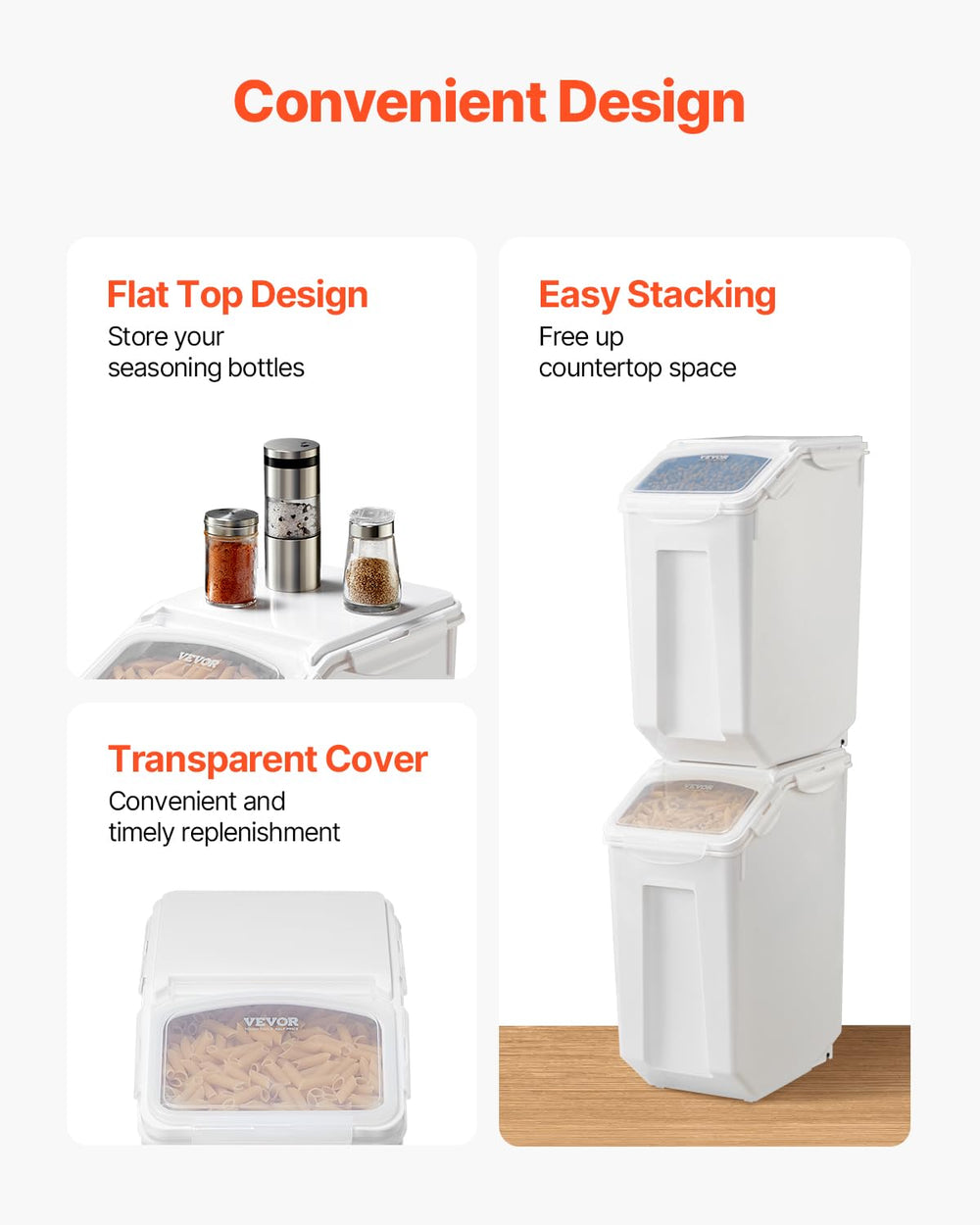 VEVOR contenedor arroz 20L, superficie superior para condimentos, optimiza el espacio.