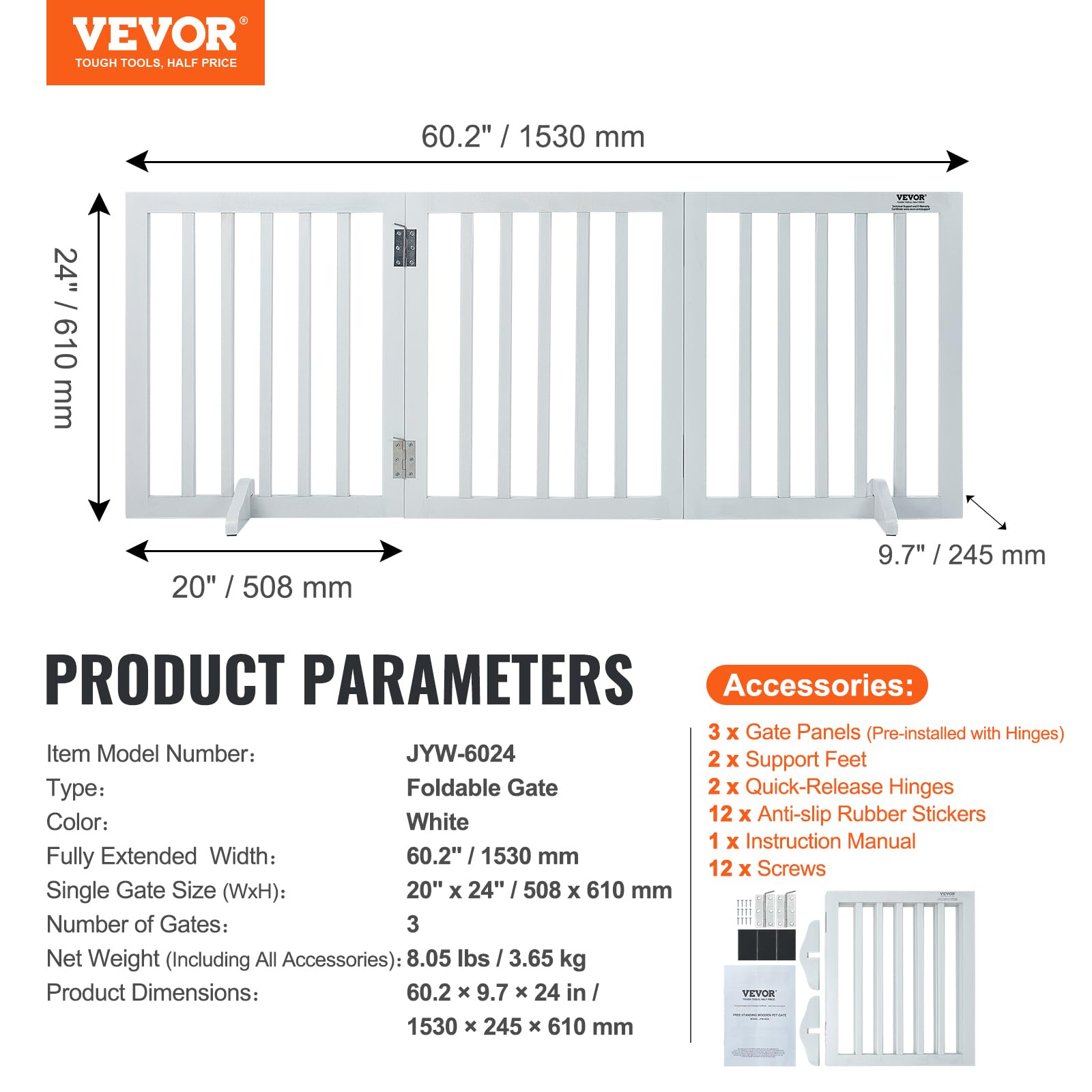 VEVOR dimensiones extendidas 60 pulgadas de ancho y 24 de alto.