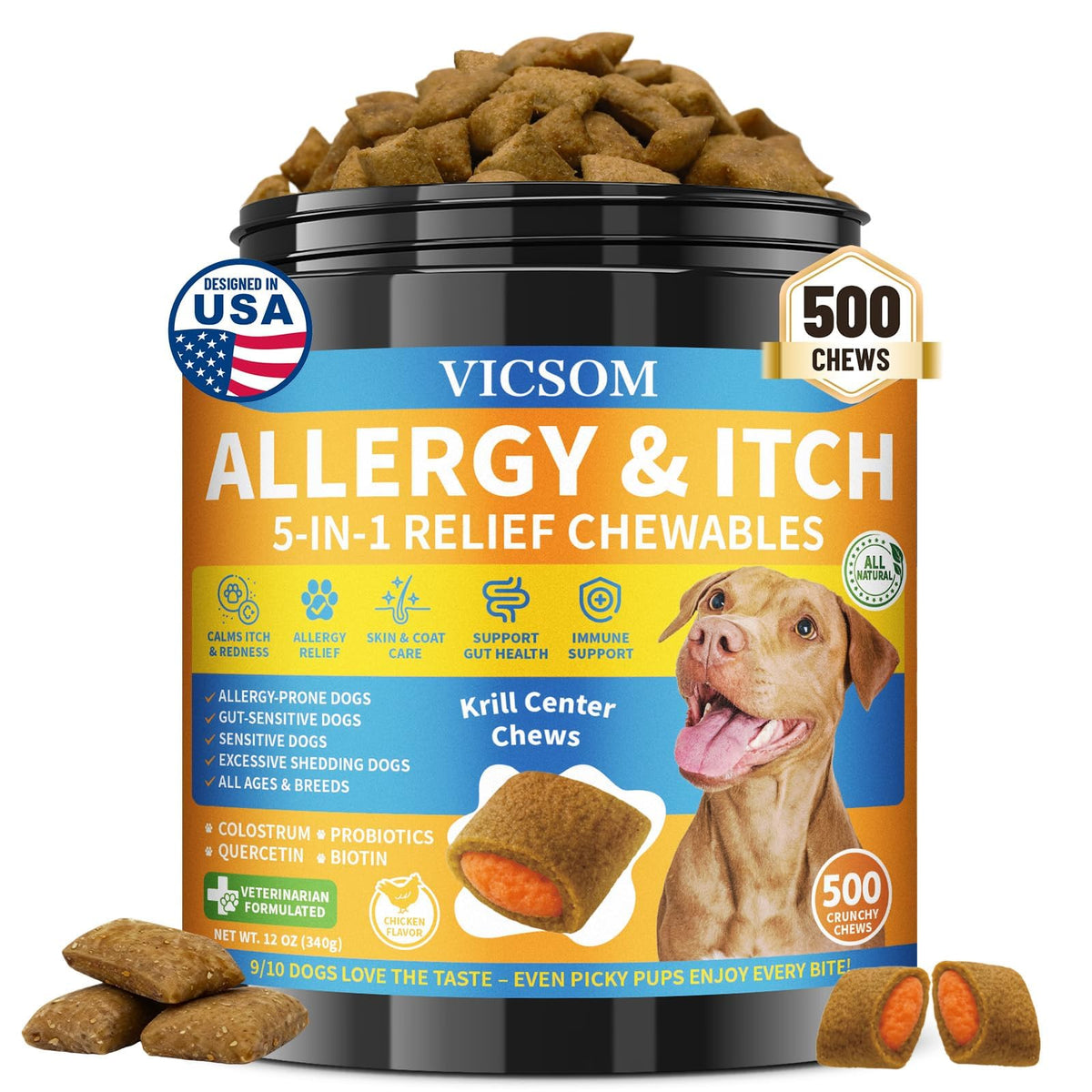 VICSOM bocados alivia alergias caninas con centro krill, sabor agradable