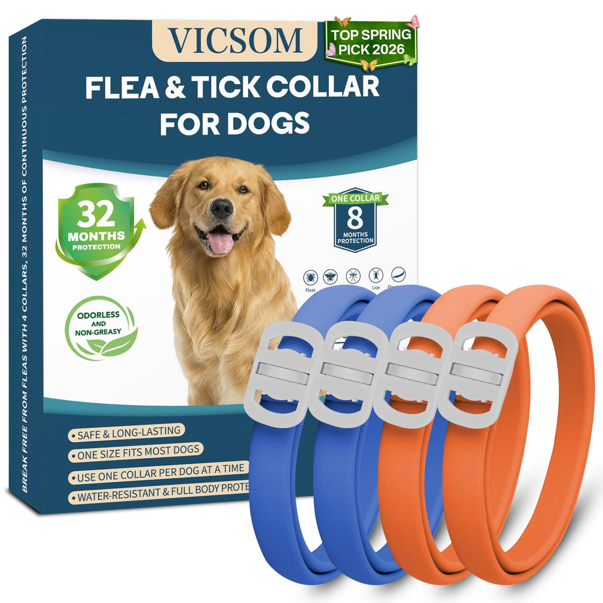Collar antiparásitos VICSOM para perros azul-naranja con ajuste cómodo.