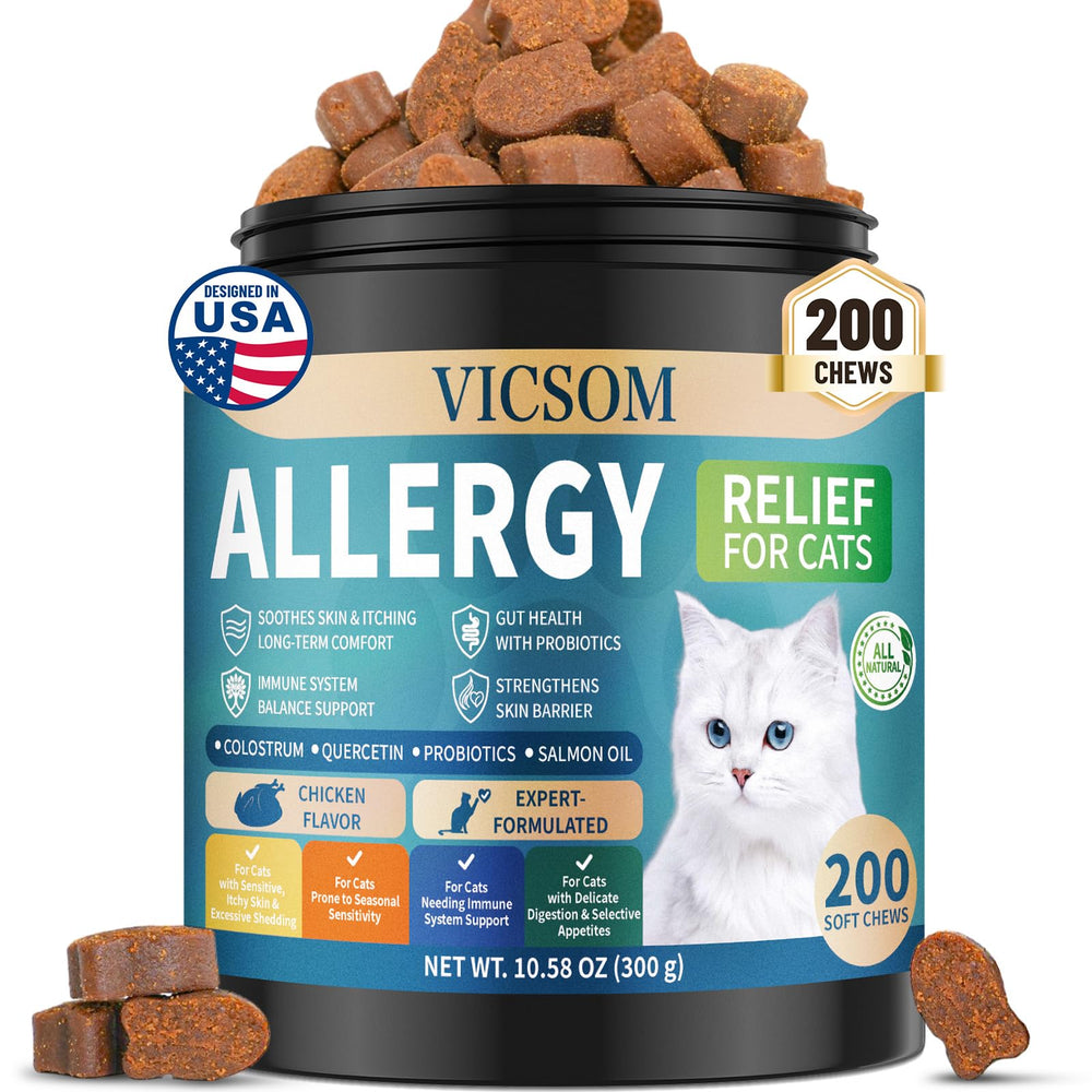 VICSOM gomas para gatos, gomitas sabrosas, alivio suave diario de alergia.