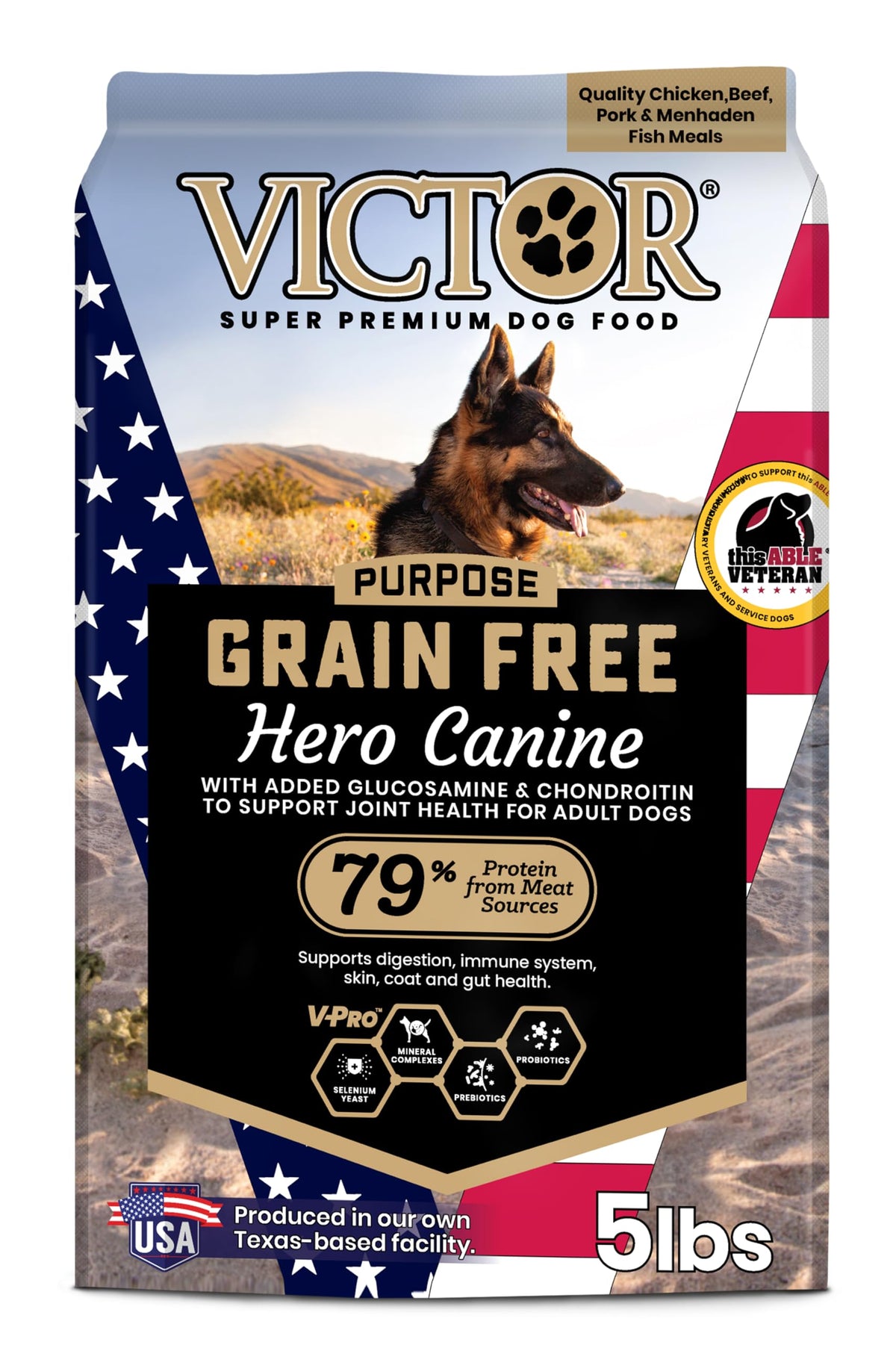 VICTOR alimento canino sin granos en bolsa, croquetas listas para perros activos.