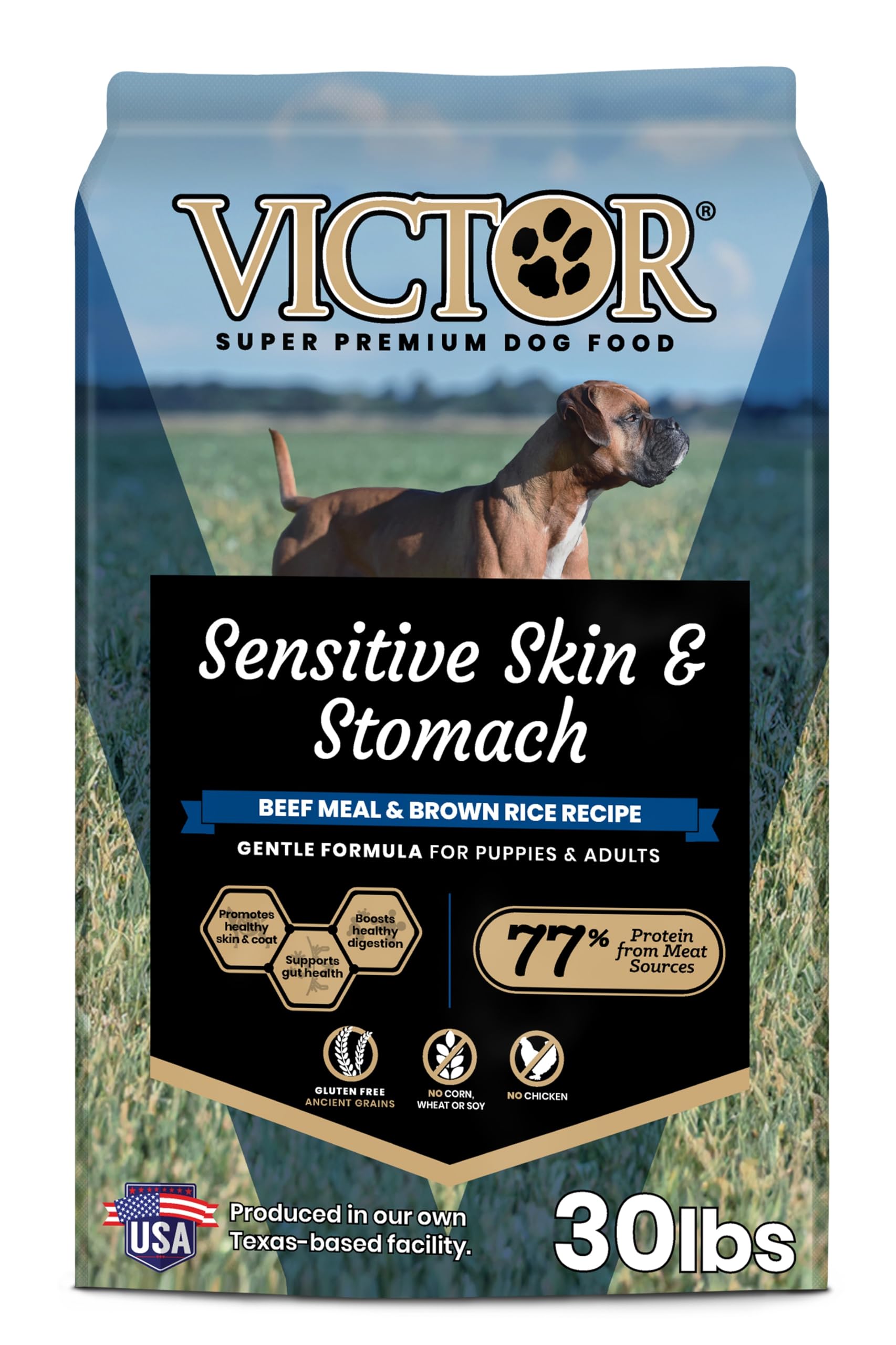 VICTOR bolsa de comida para perro sensible, favorece piel y estómago saludables.