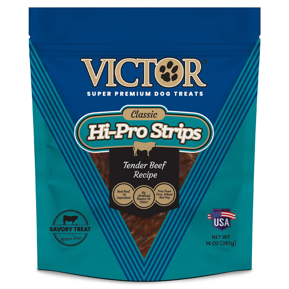 VICTOR Hi-Pro Strips con ternera real, ideal para premiar a perros activos.