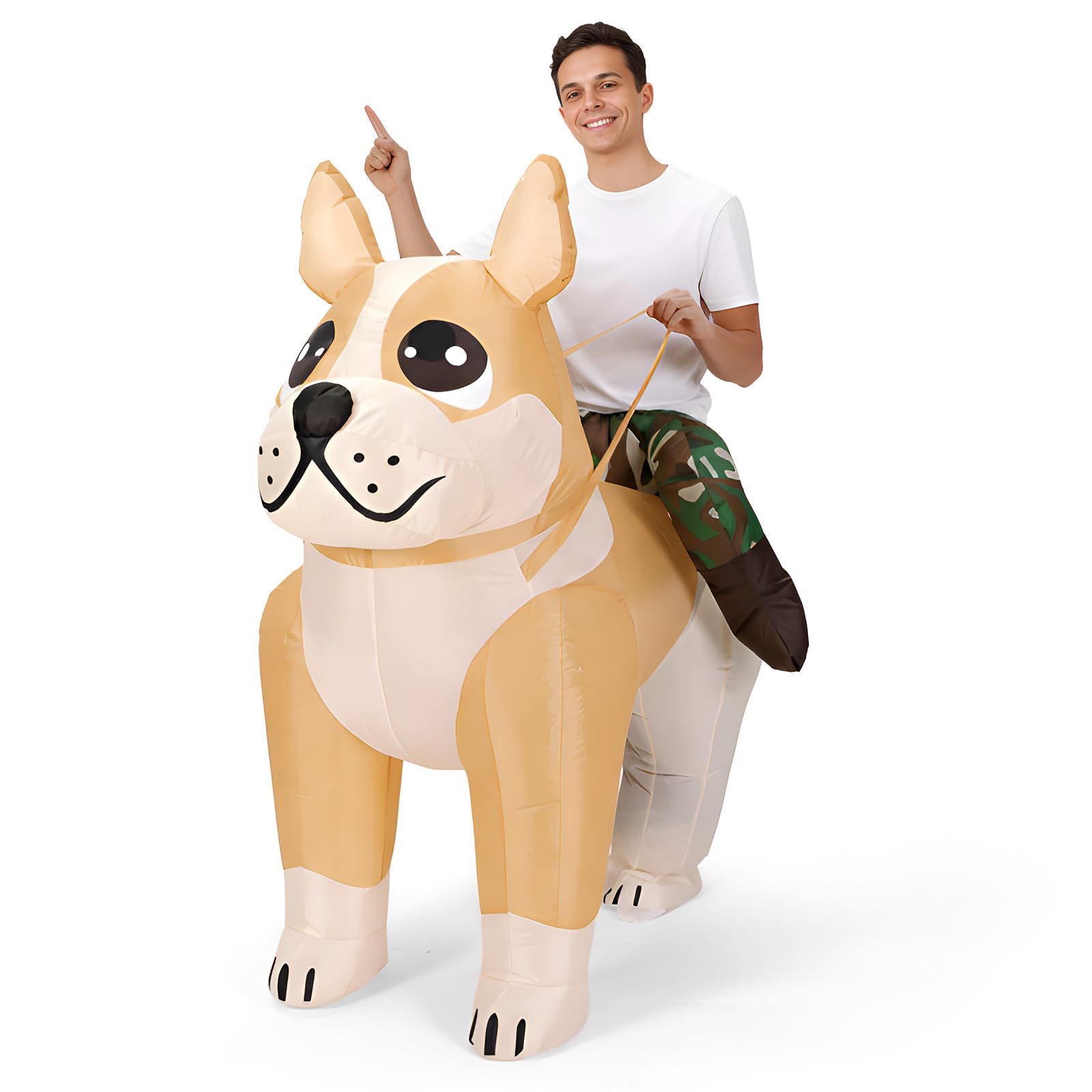 Disfraz inflable de perro VioraWhite, vista frontal, ideal para fiestas.