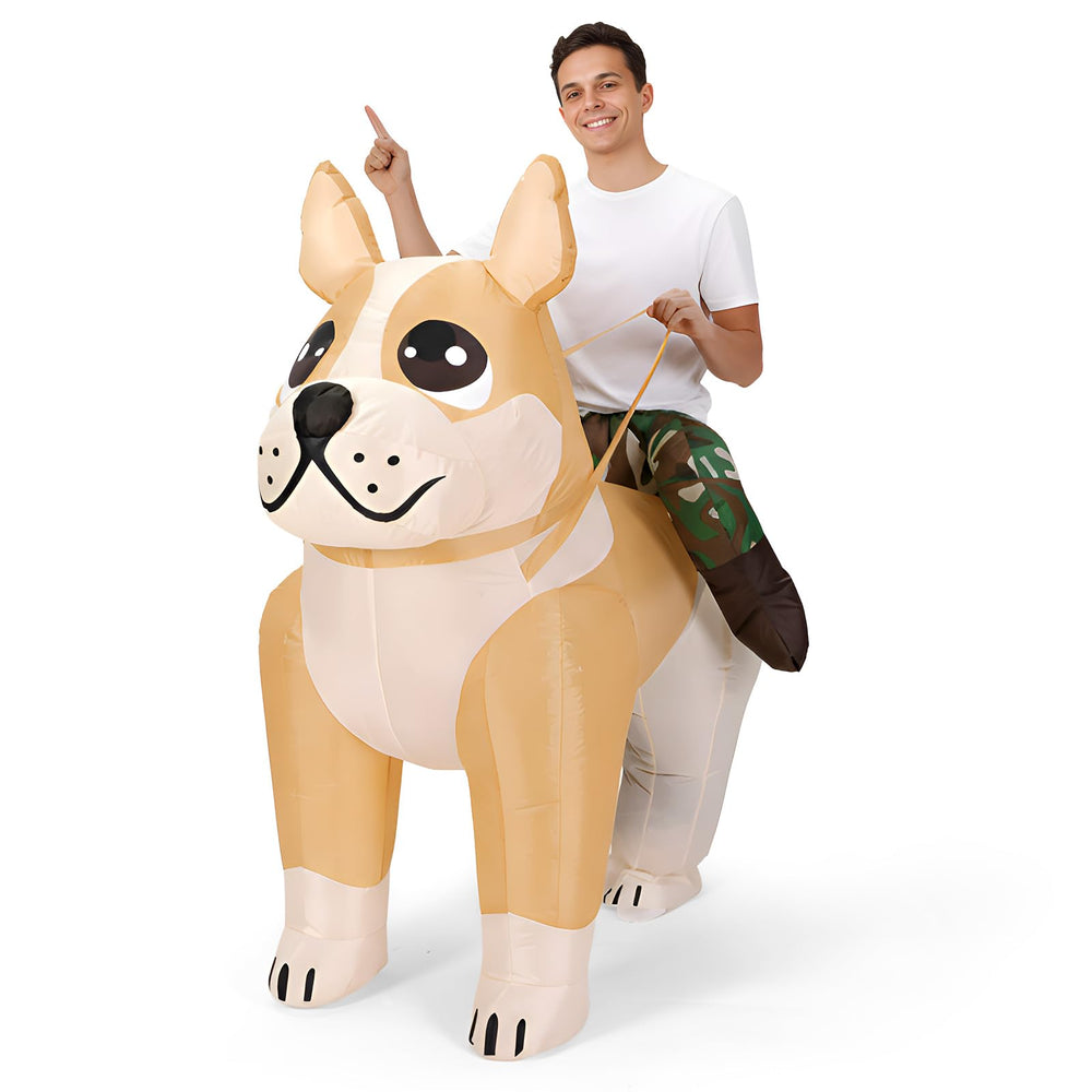 Disfraz inflable de perro VioraWhite, vista frontal, ideal para fiestas.