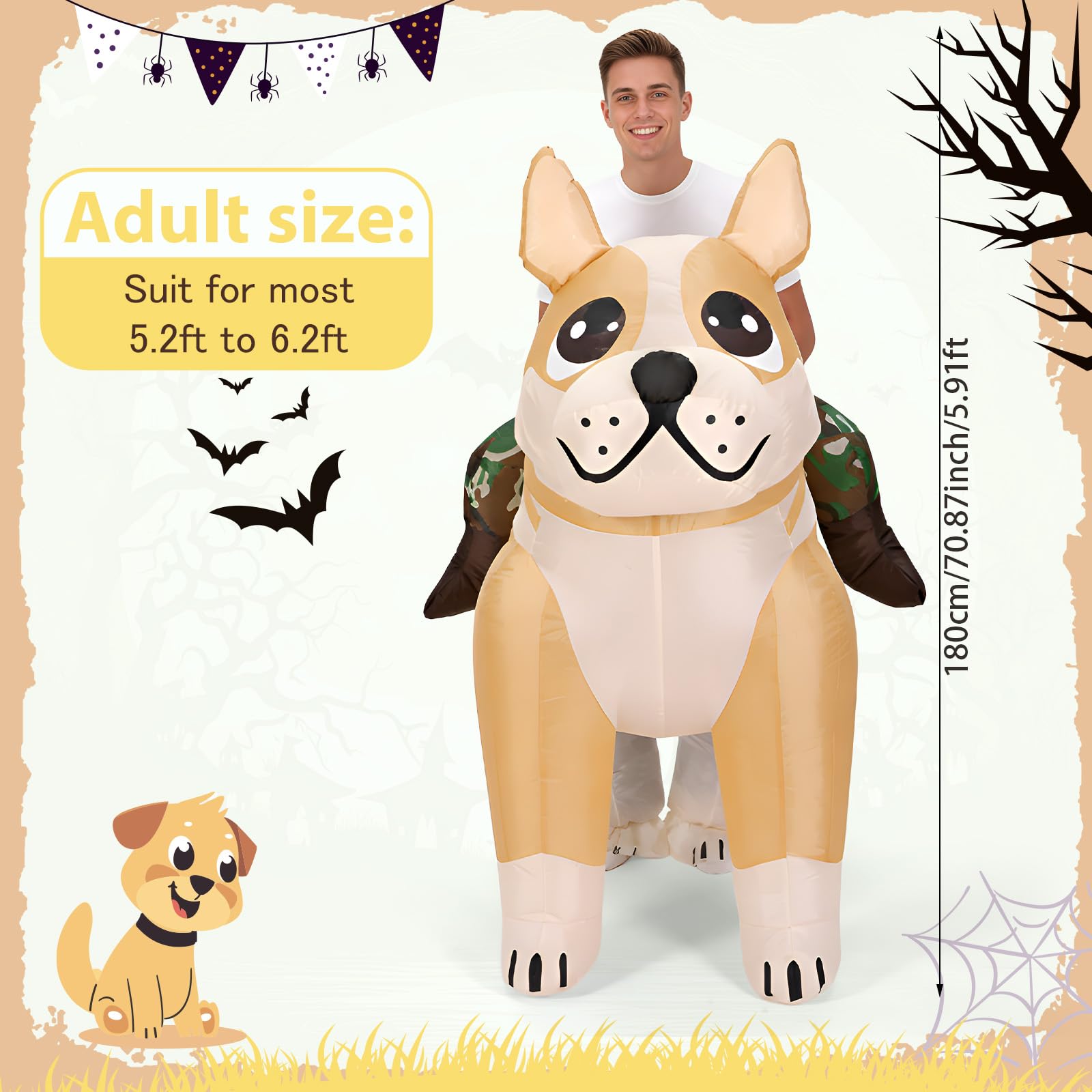 Disfraz inflable de perro VioraWhite, vista lateral, perfecto para llamar la atención.