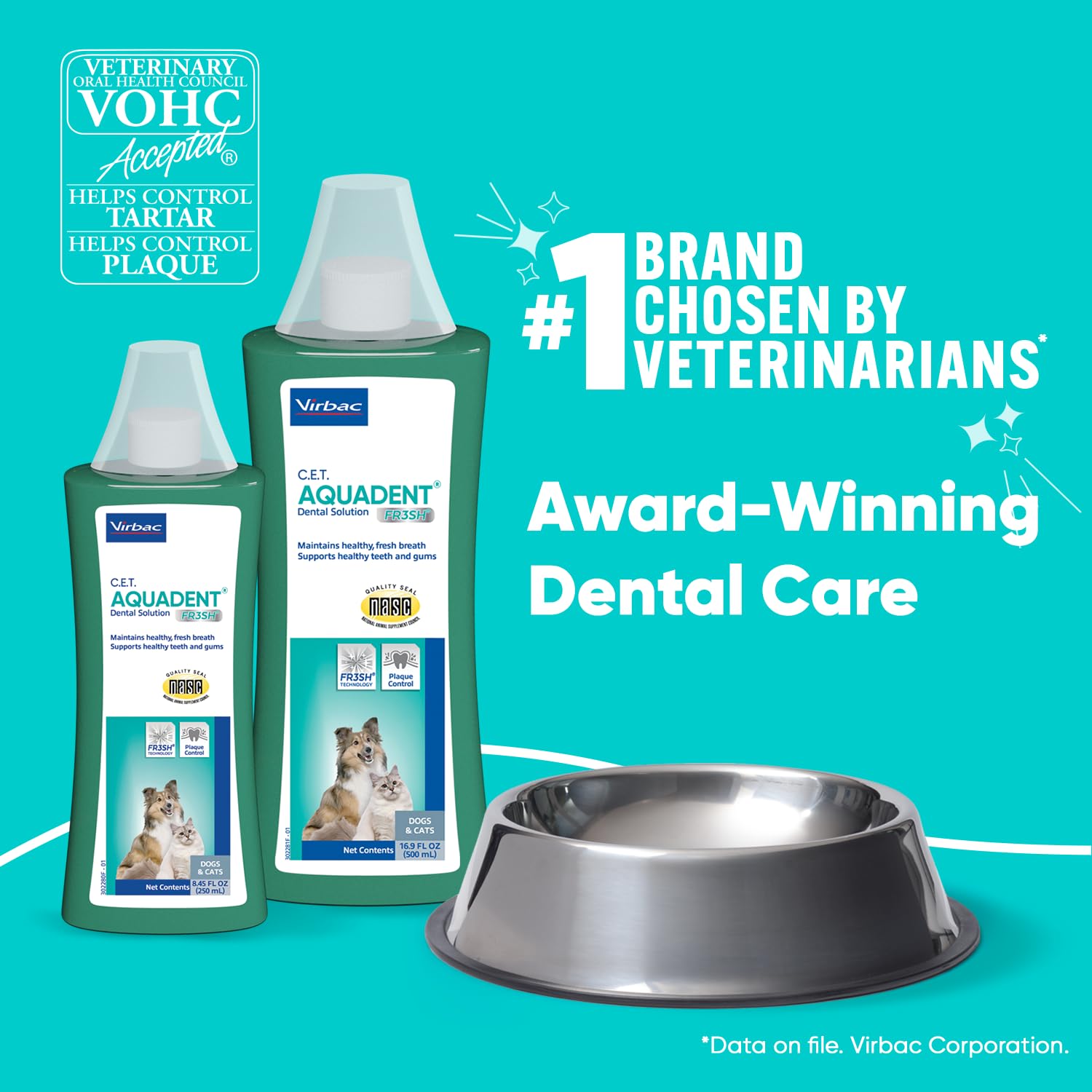 Perro usando Virbac C.E.T. Aquadent para cuidado dental diario.