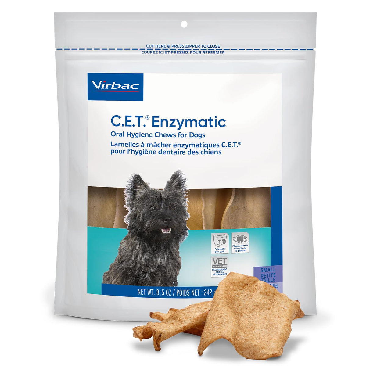 Virbac C.E.T. higiene bucal enzimática para perros pequeños, ayuda a limpieza dental suave.
