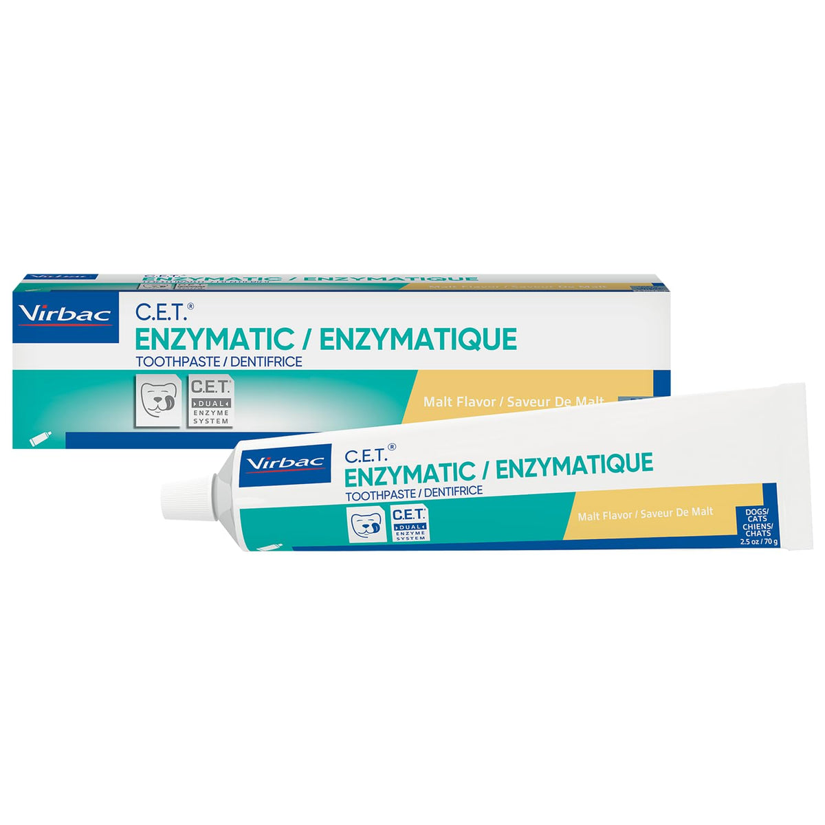 Virbac C.E.T. pasta dental enzymática envase, ayuda a mantener la higiene bucal.
