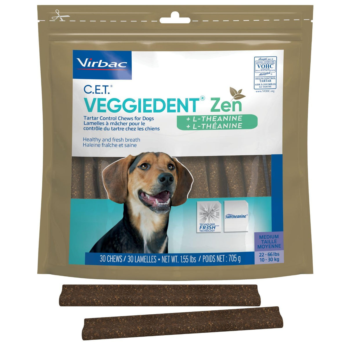Virbac Veggiedent Zen: masticables dentales para perros que limpian dientes y refrescan el aliento.