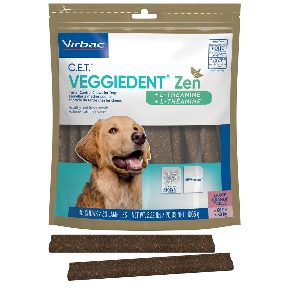 Virbac C.E.T. VeggieDent Zen, paquete frente, mejora higiene oral del perro.