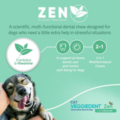 Virbac Veggiedent Zen incluye prebióticos para apoyar la digestión y la salud intestinal.