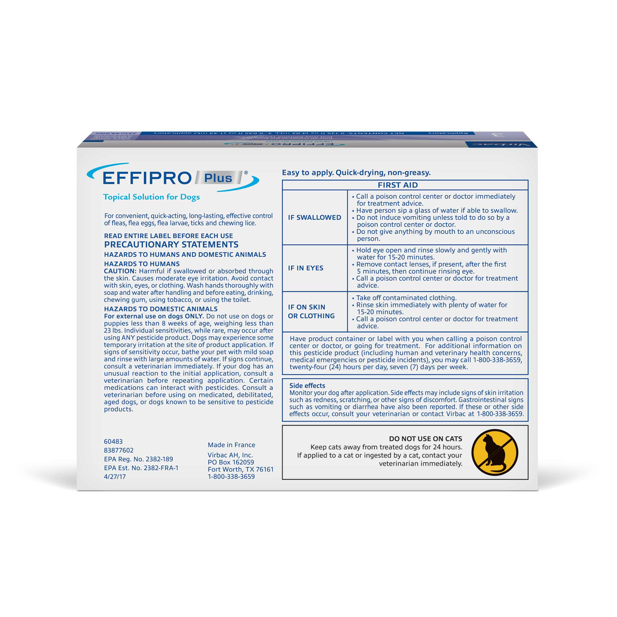 Virbac EFFIPRO PLUS, empaque de tres dosis para protección mensual