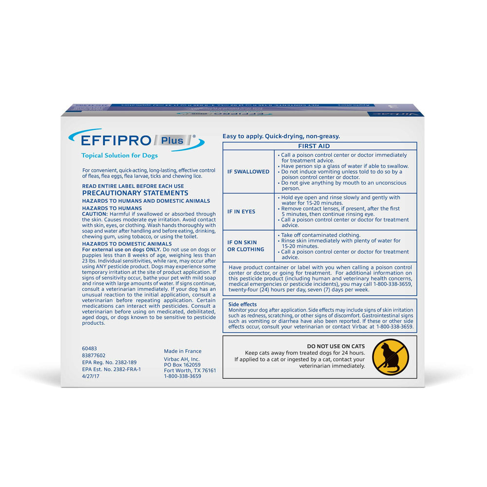 Virbac EFFIPRO PLUS, empaque de tres dosis para protección mensual