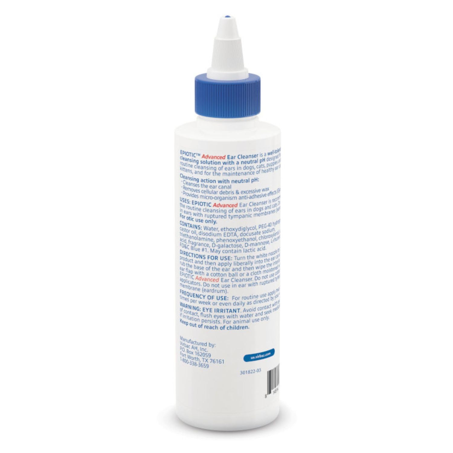 Etiqueta de Virbac Epi-Otic destacando tecnología anti-olor y pH neutro.