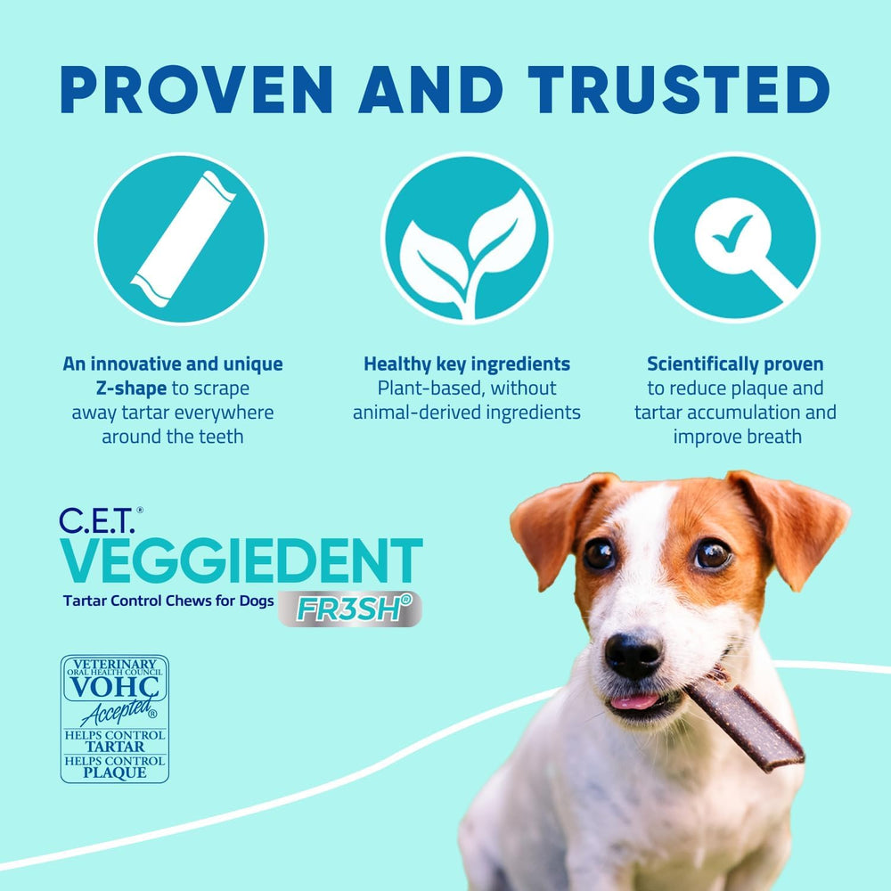 Empaque Virbac VEGGIEDENT FR3SH con 30 masticables para perros extra pequeños.