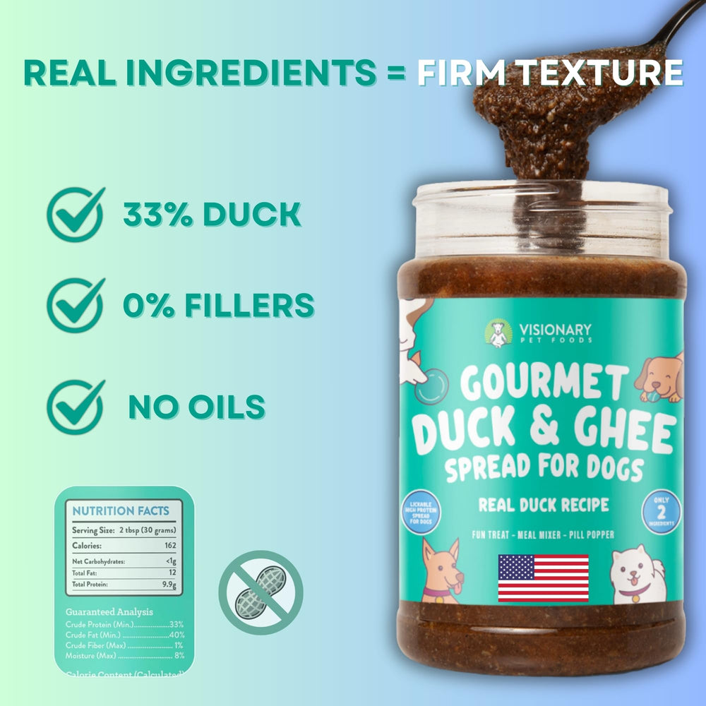 Ingredientes pato y ghee de Visionary Pet Foods para una opción natural.