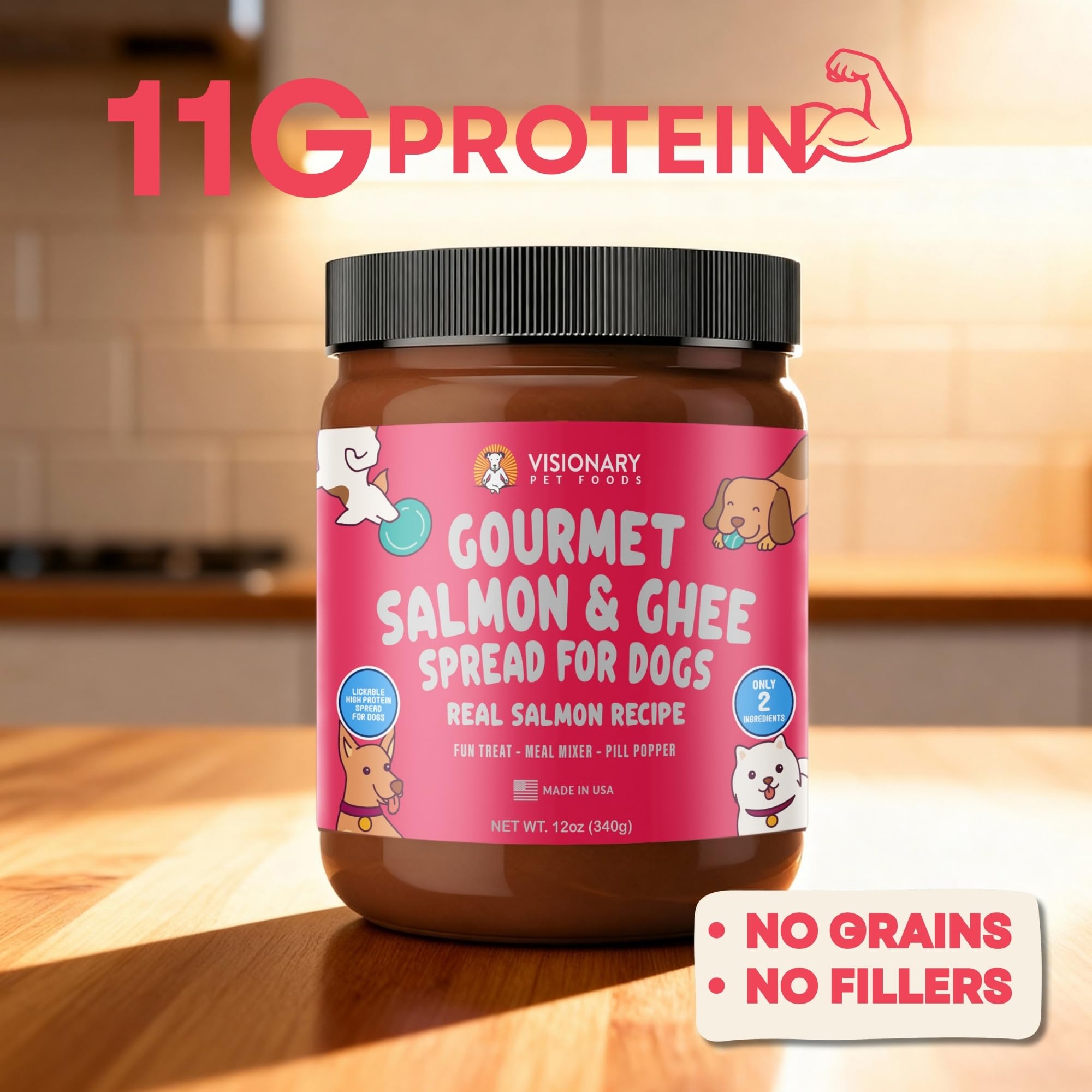 Visionary Pet Foods Salmon Meat Spread en etiqueta frontal, fácil de identificar para uso rápido como topping